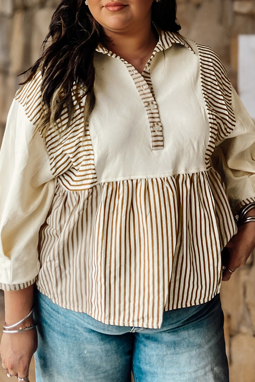 Khaki Stripe Plus Size Color Block Patchwork Half Button Long Sleeve Peplum Blouse-Plus Size/Plus Size Tops/Plus Size Blouses & Shirts-[Adult]-[Female]-Khaki Stripe-1X-2022 Online Blue Zone Planet