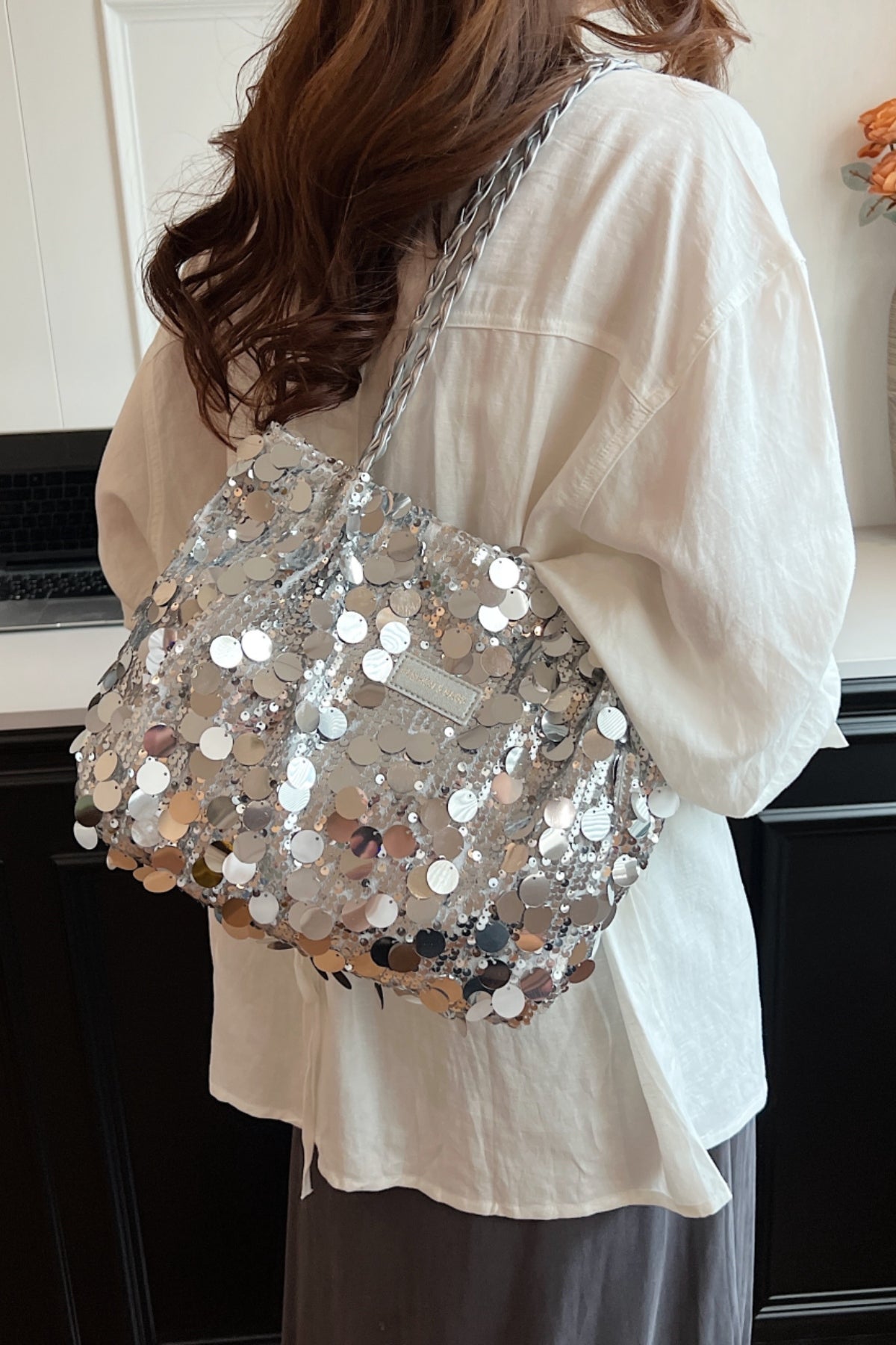 Sequin Braided Strap Shoulder Bag-HANDBAGS-[Adult]-[Female]-Silver-One Size-2022 Online Blue Zone Planet