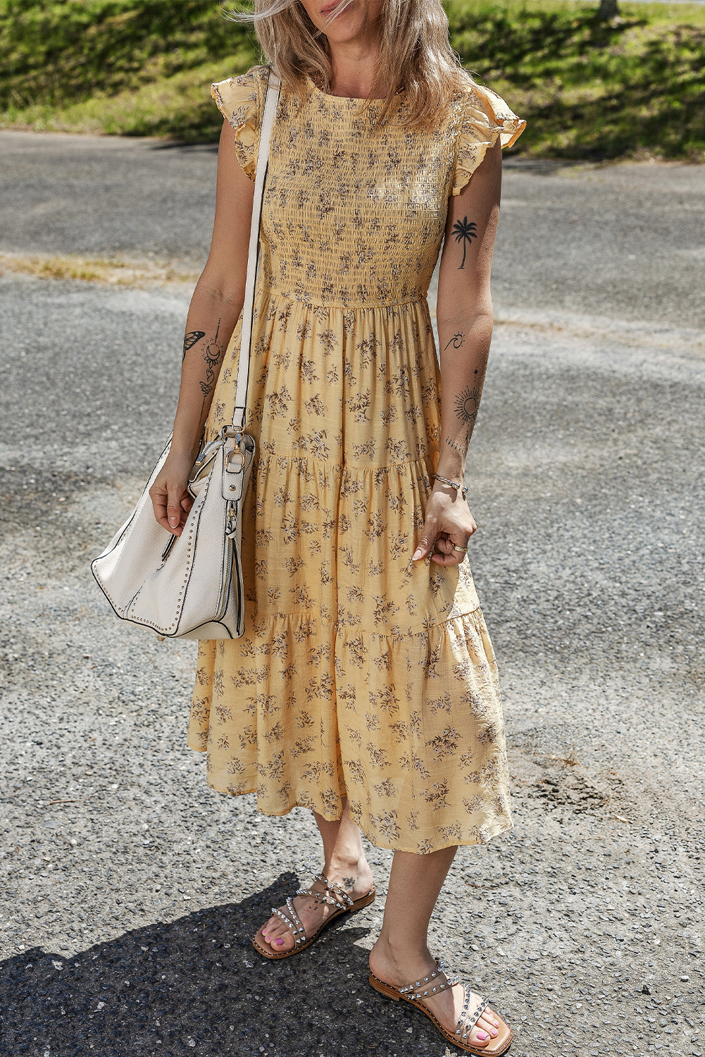 Yellow Boho Floral Print Ruffle Smocked Flowy Summer Dress-Dresses/Floral Dresses-[Adult]-[Female]-2022 Online Blue Zone Planet