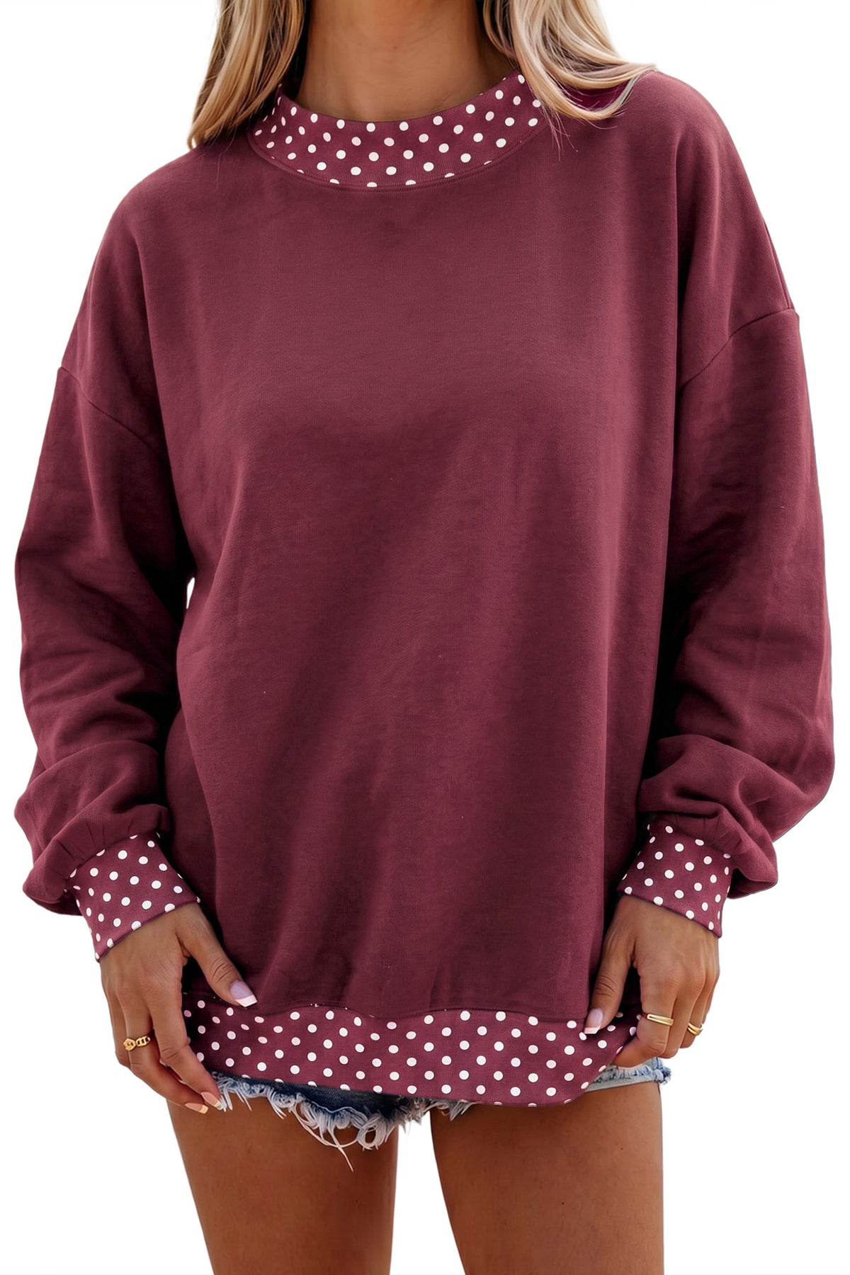 Dirty blue Colorblock Polka Dot Contrast Trim Oversized Sweatshirt-Tops/Sweatshirts & Hoodies-[Adult]-[Female]-2022 Online Blue Zone Planet