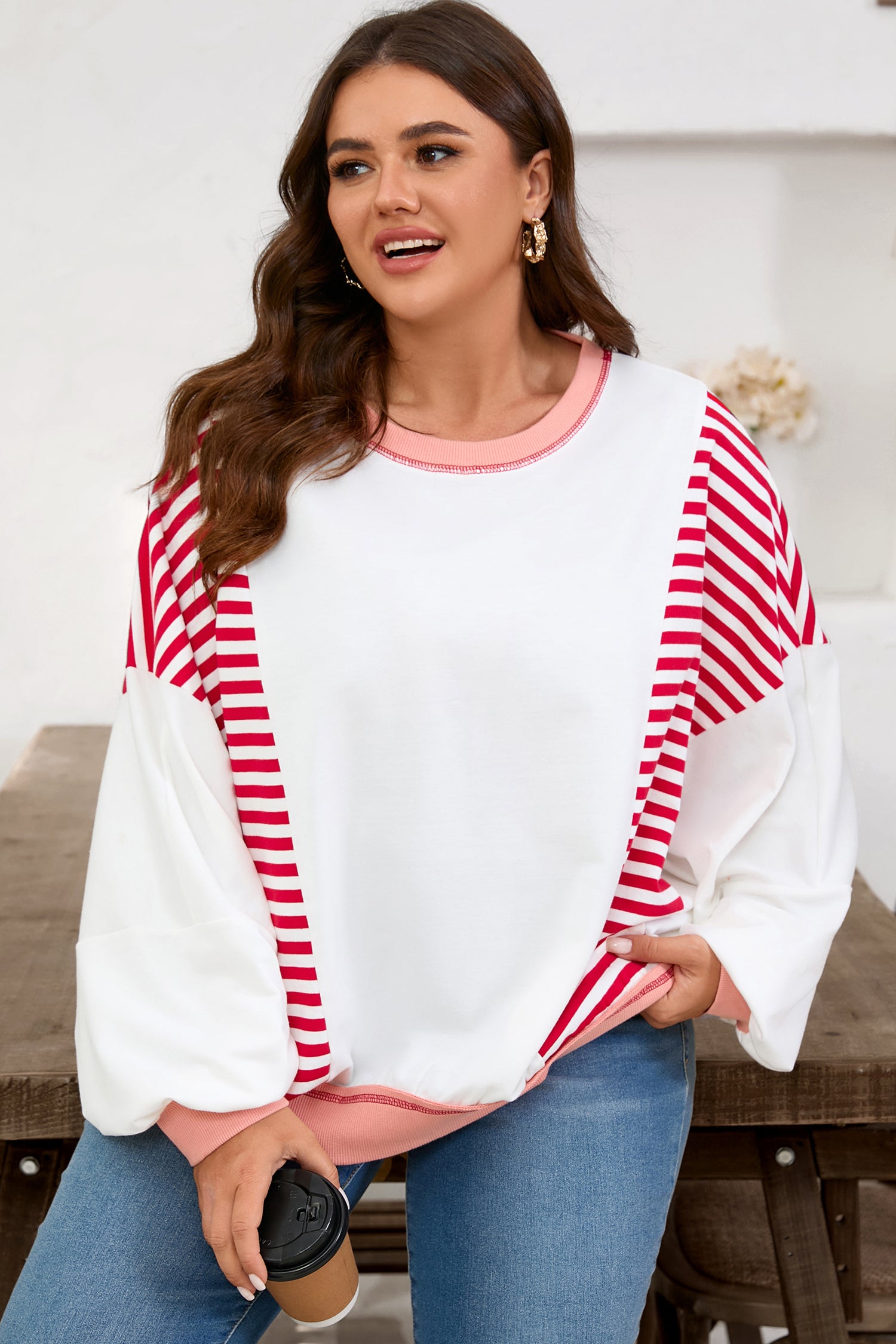 Red Stripe Color Block Patchwork Seam Detail Plus Size Sweatshirt-Plus Size/Plus Size Sweatshirts & Hoodies-[Adult]-[Female]-2022 Online Blue Zone Planet
