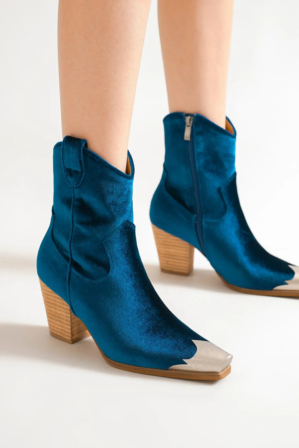 Beast Fashion Velvet Block Heel Boots with Side Zippers-SHOES-[Adult]-[Female]-Peacock Blue-6-2022 Online Blue Zone Planet