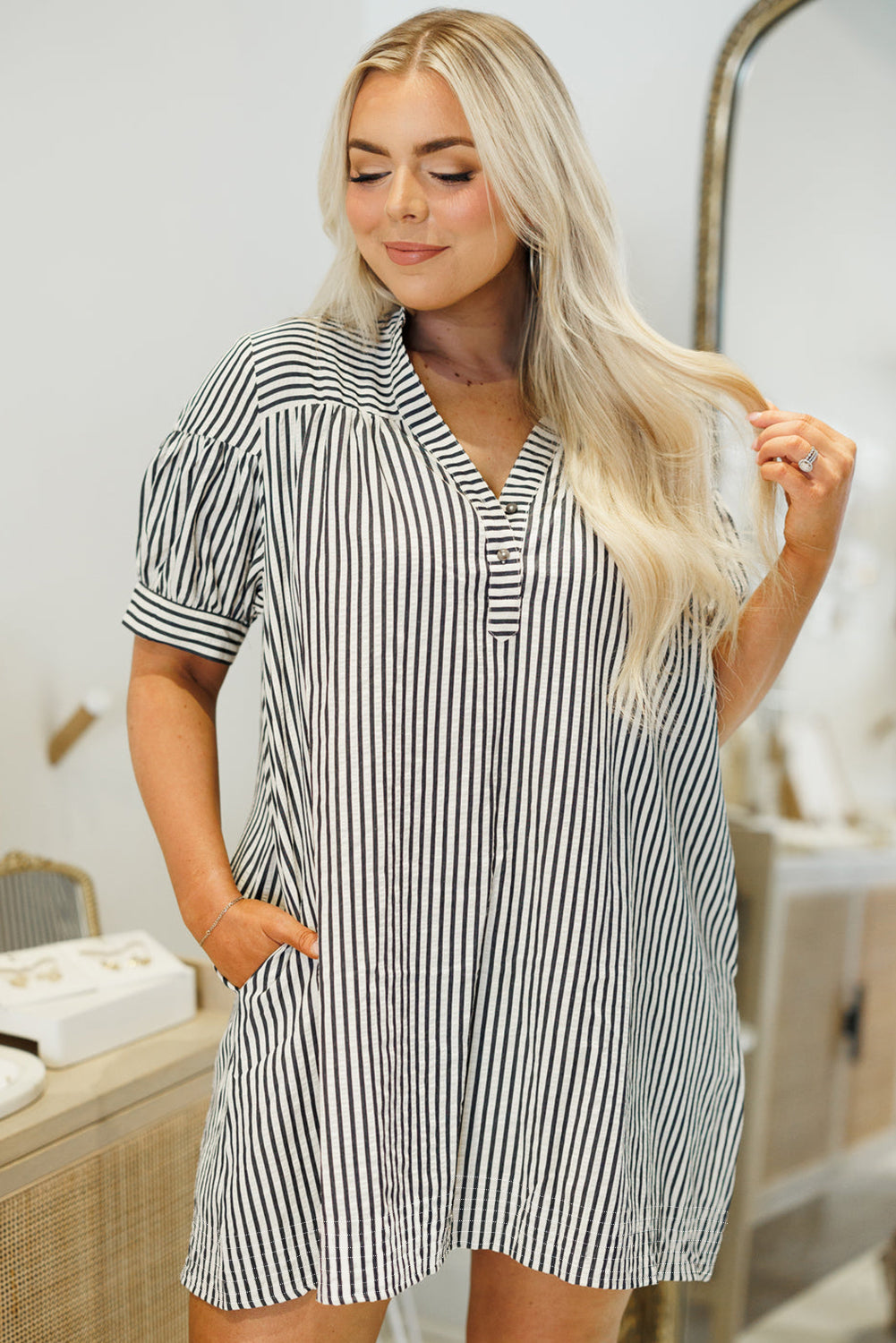 Black Stripe Buttoned V Neck Pocketed Plus Size Mini Dress-Plus Size Dresses-[Adult]-[Female]-2022 Online Blue Zone Planet
