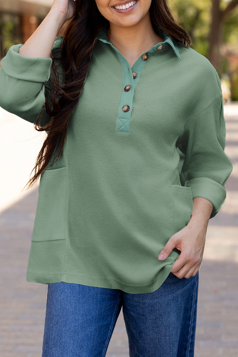 Blue Zone Planet | Smoke Green Waffle Long Sleeve Collar Half Button Loose Top-Tops/Long Sleeve Tops-[Adult]-[Female]-2022 Online Blue Zone Planet