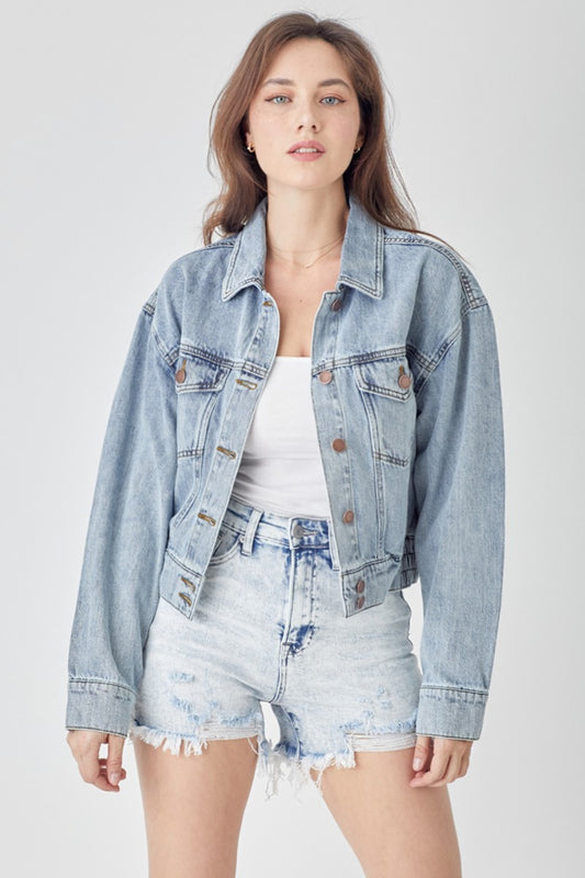 RISEN Full Size Button Down Cropped Denim Jacket-TOPS / DRESSES-[Adult]-[Female]-Light-S-2022 Online Blue Zone Planet