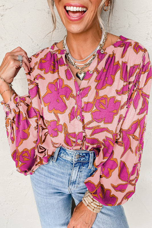 Blue Zone Planet | Pink Floral Print Batwing Sleeve Button Loose Fit Blouse-Blouses-[Adult]-[Female]-Pink-S-2022 Online Blue Zone Planet