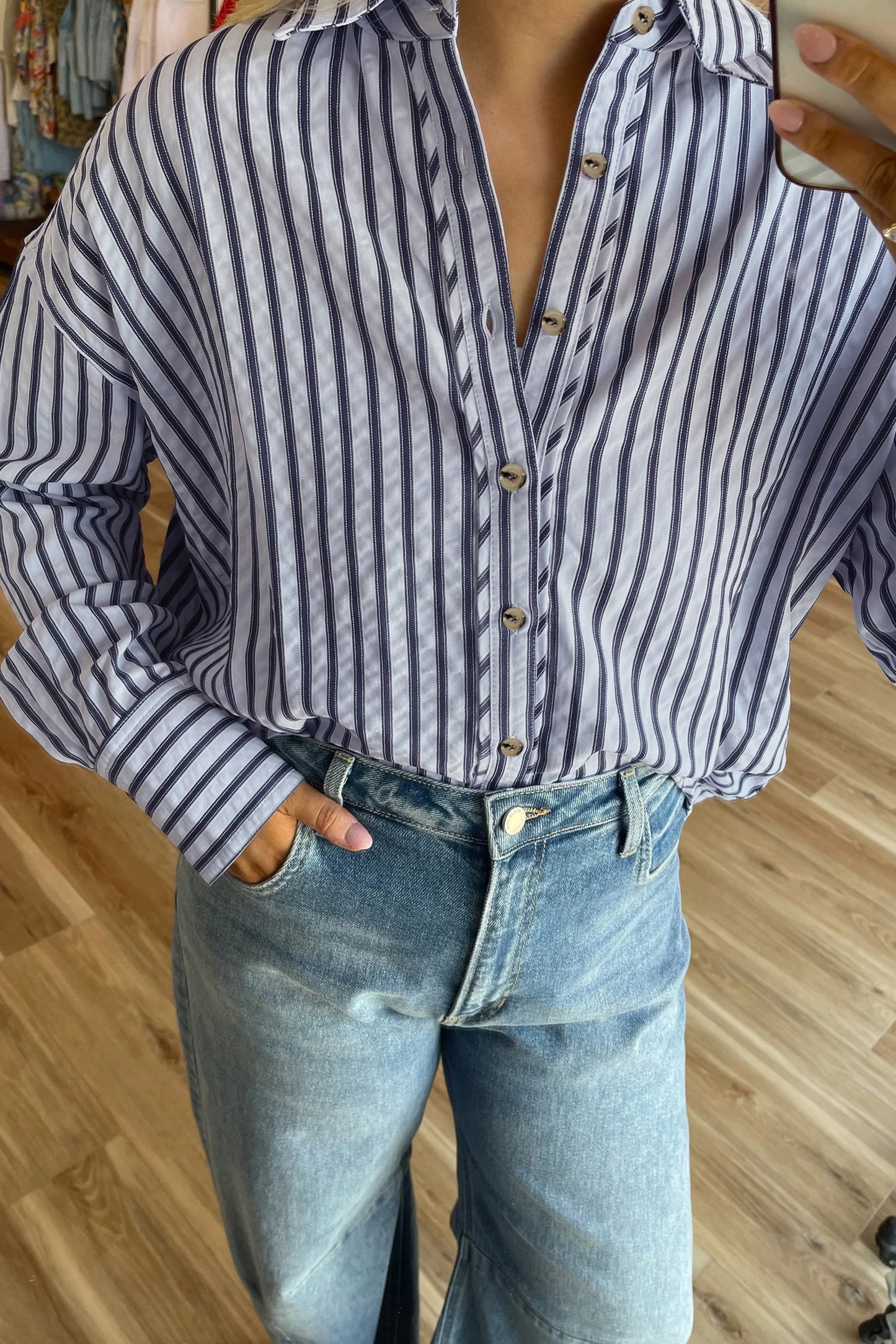 Blue Stripe Button Down Long Sleeve Loose Shirt-Tops/Blouses & Shirts-[Adult]-[Female]-2022 Online Blue Zone Planet