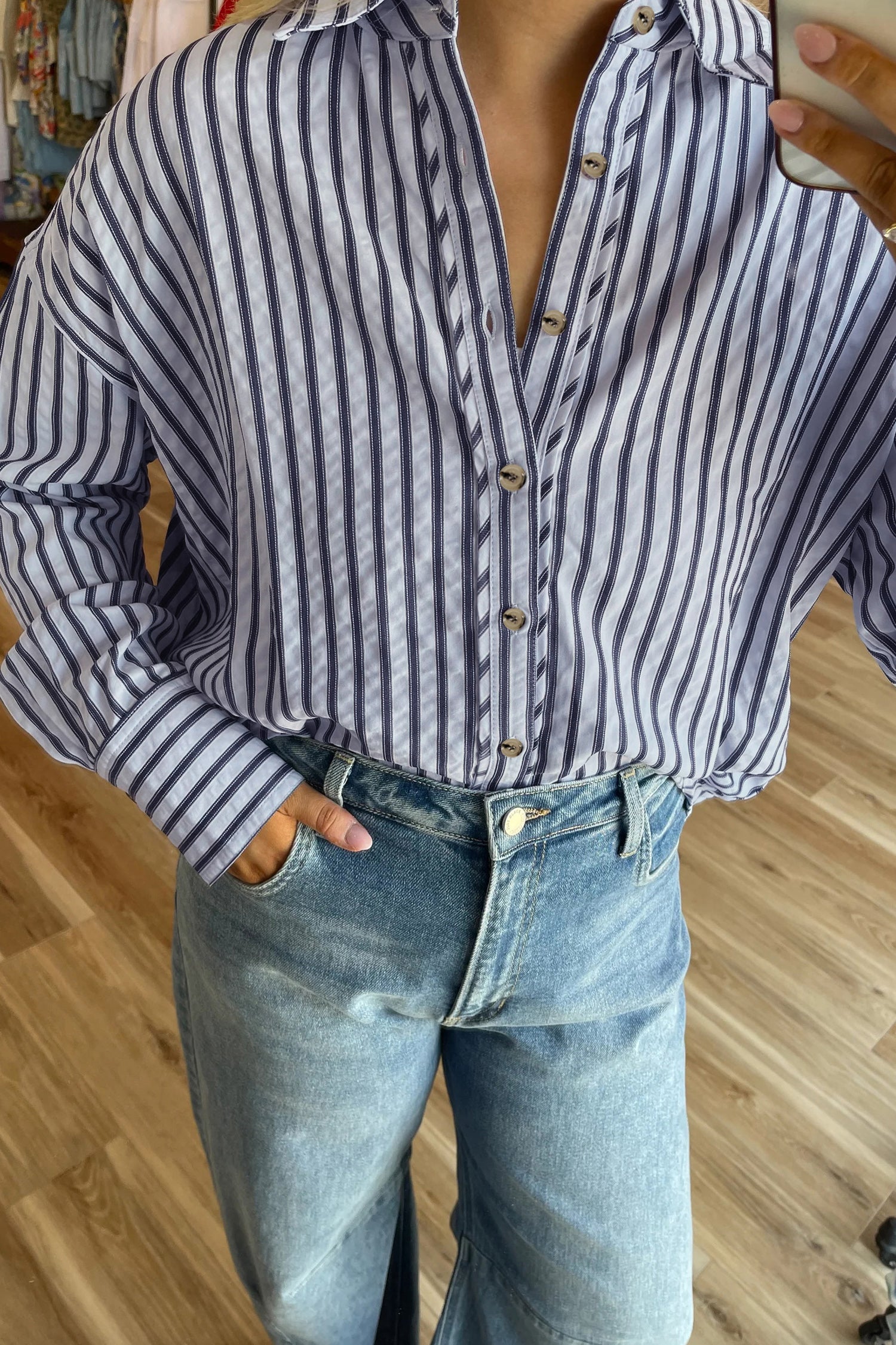 Blue Stripe Button Down Long Sleeve Loose Shirt-Tops/Blouses & Shirts-[Adult]-[Female]-2022 Online Blue Zone Planet