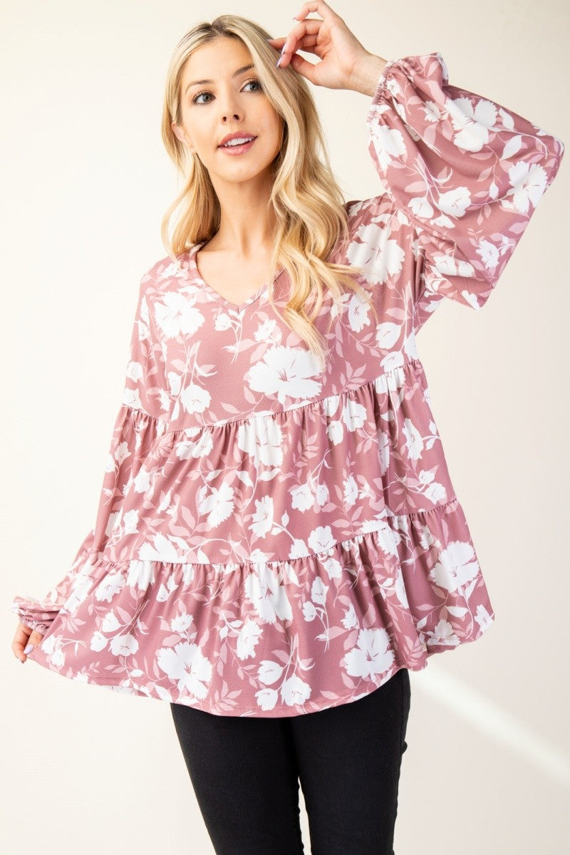 Celeste Full Size Tiered Floral V-Neck Long Sleeve Blouse-TOPS / DRESSES-[Adult]-[Female]-2022 Online Blue Zone Planet