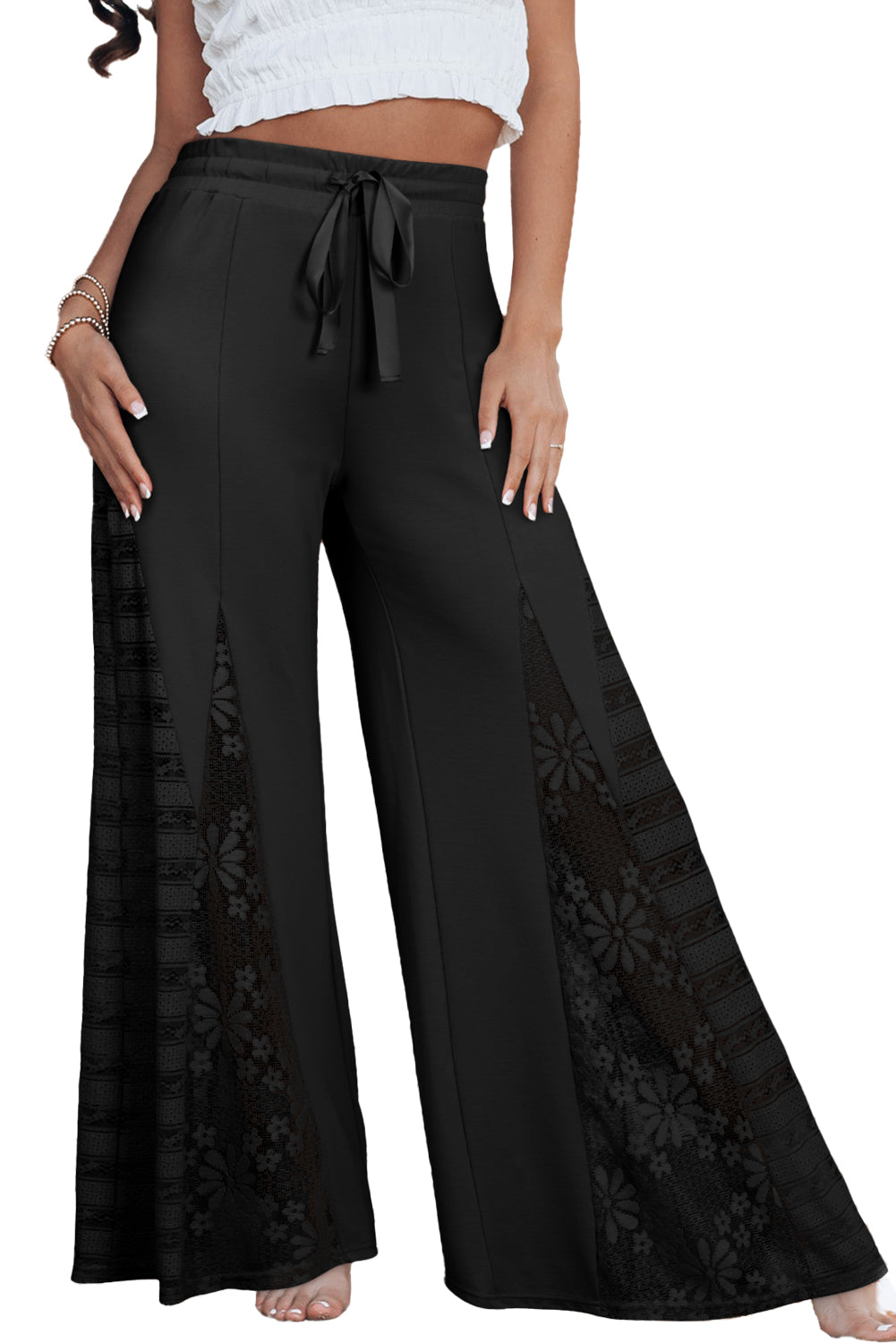 Smoke Gray Lace Patchwork Wide Leg High Waist Pants-Pants-[Adult]-[Female]-2022 Online Blue Zone Planet