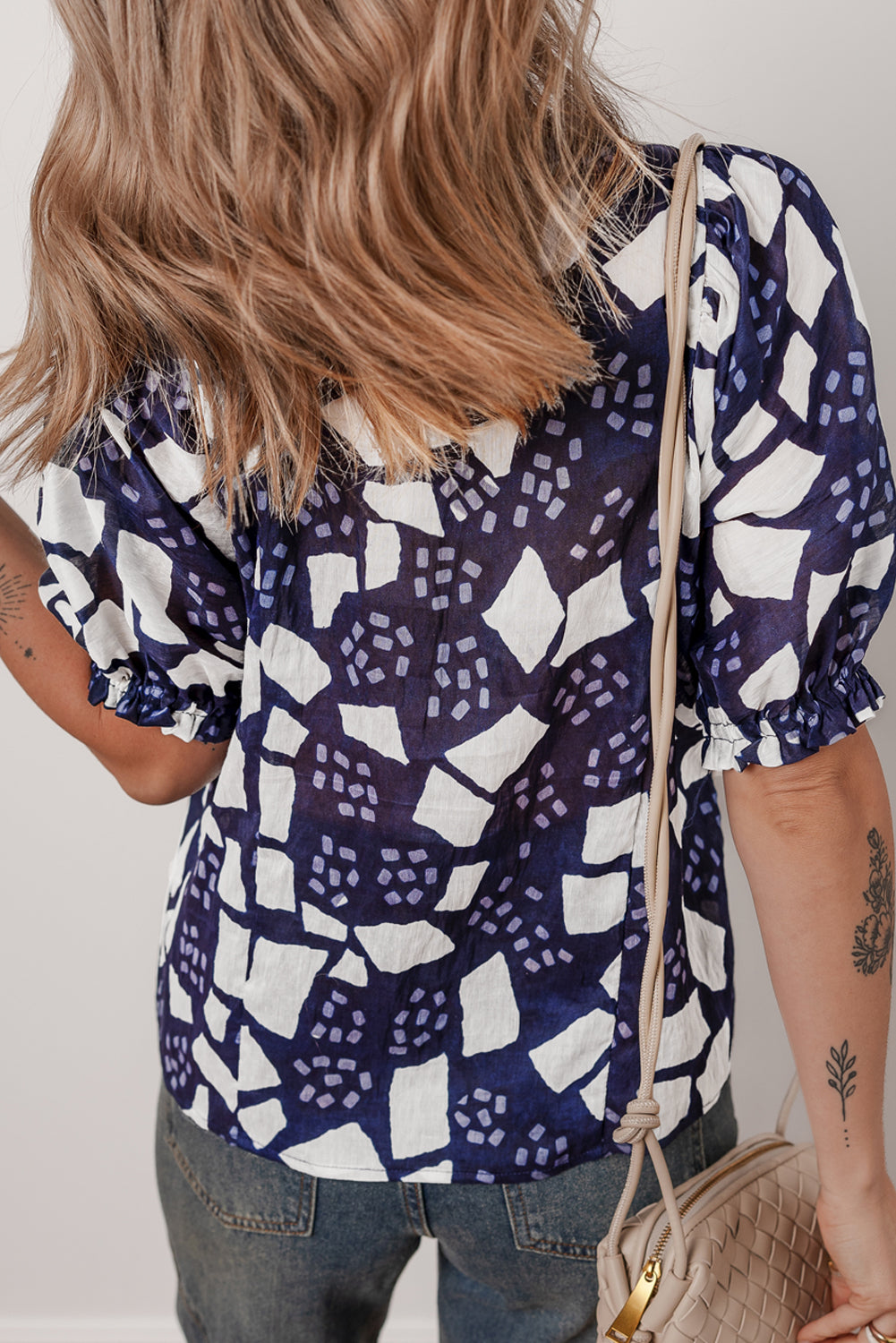 Blue Abstract Print Frilled Puff Sleeve V Neck Blouse-Tops/Blouses & Shirts-[Adult]-[Female]-2022 Online Blue Zone Planet