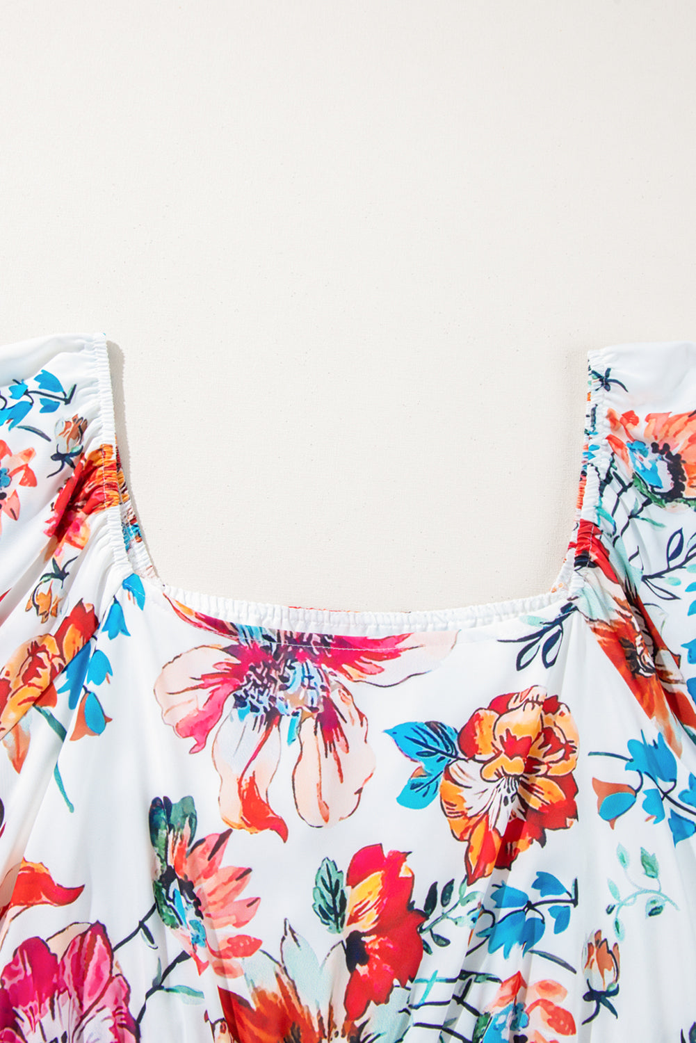 White Floral Square Neck Puff Sleeve Flowy Plus Size Midi Dress-Plus Size Dresses-[Adult]-[Female]-2022 Online Blue Zone Planet