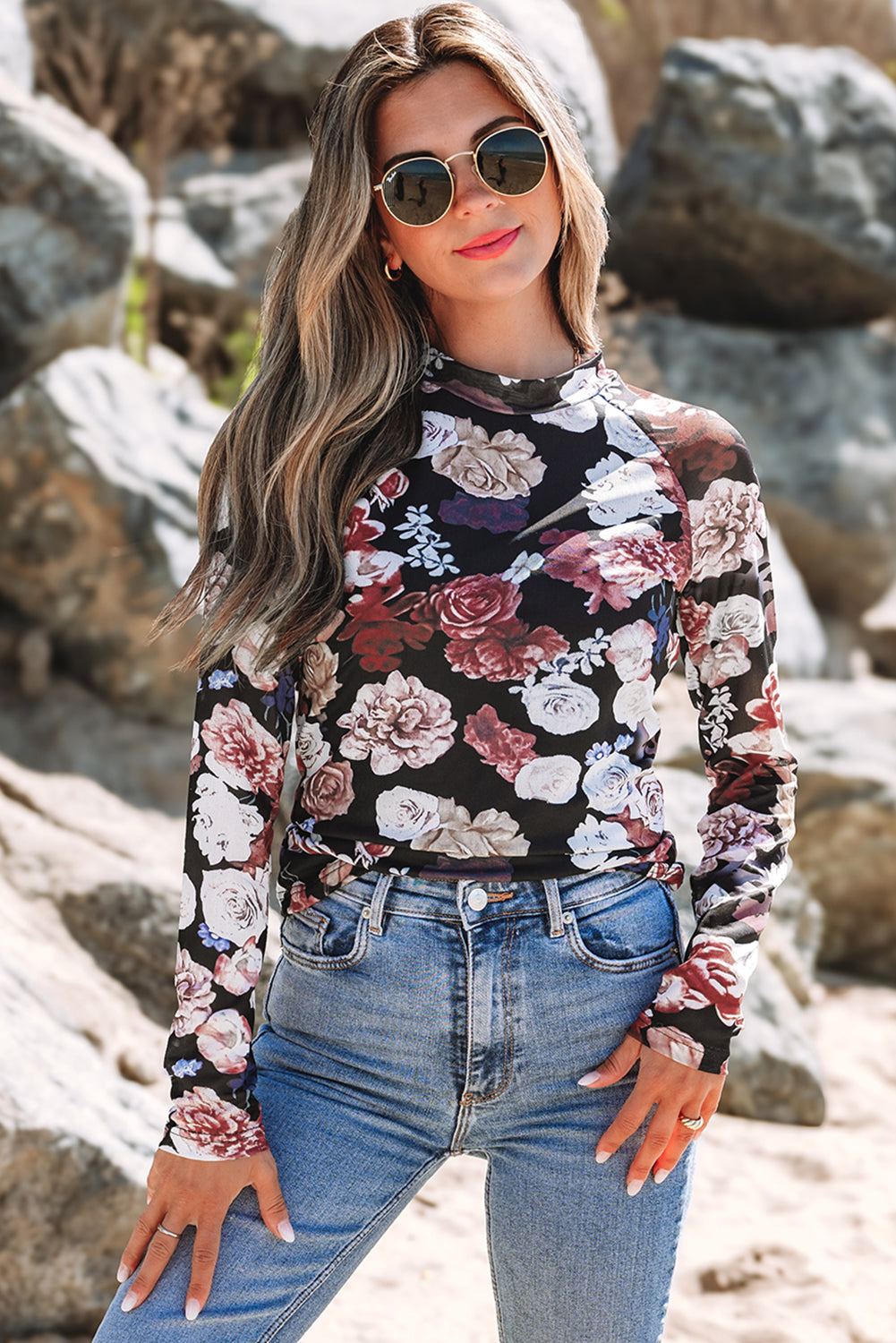 Pink Mesh Floral Print Mock Neck Long Sleeve Slim Top-Tops/Long Sleeve Tops-[Adult]-[Female]-2022 Online Blue Zone Planet