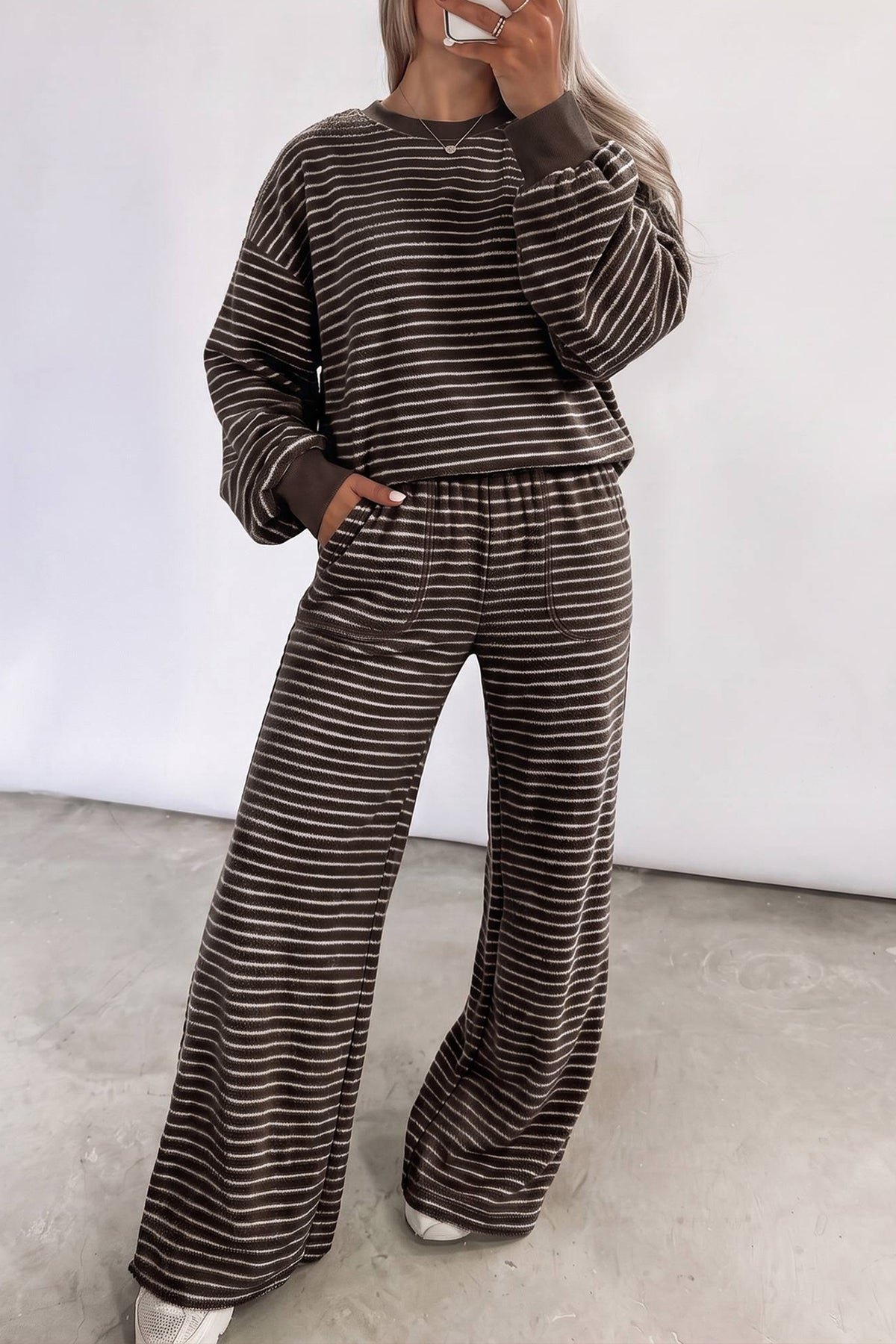 Black Stripe Cozy Terry Knit Long Sleeve Pullover Pocketed Shift Pants 2pcs Sets-Two Piece Sets/Pant Sets-[Adult]-[Female]-Brown Stripe-S-2022 Online Blue Zone Planet