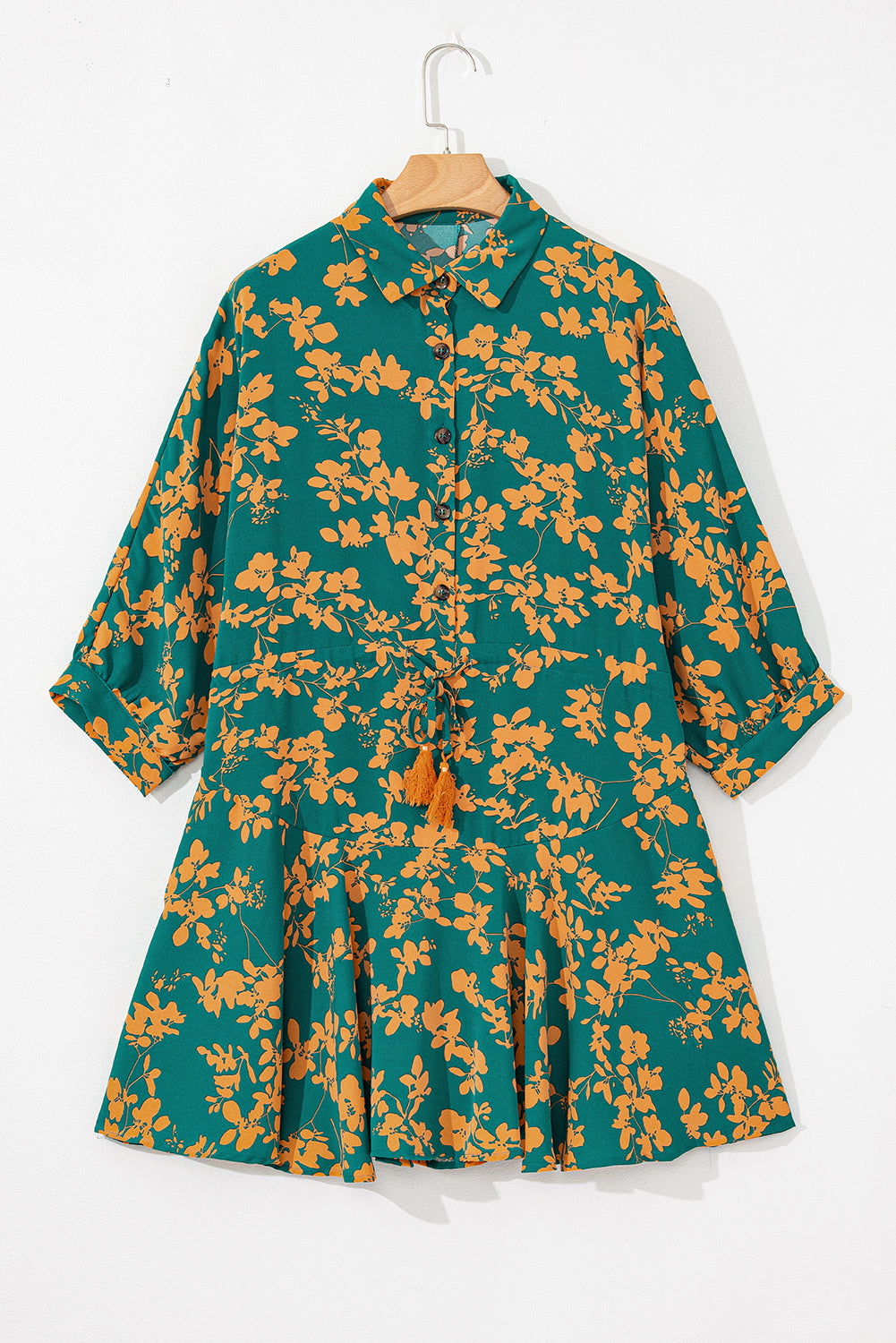 Blue Zone Planet | Green Floral Print Drawstring Tunic Flowy Short Dress-TOPS / DRESSES-[Adult]-[Female]-2022 Online Blue Zone Planet