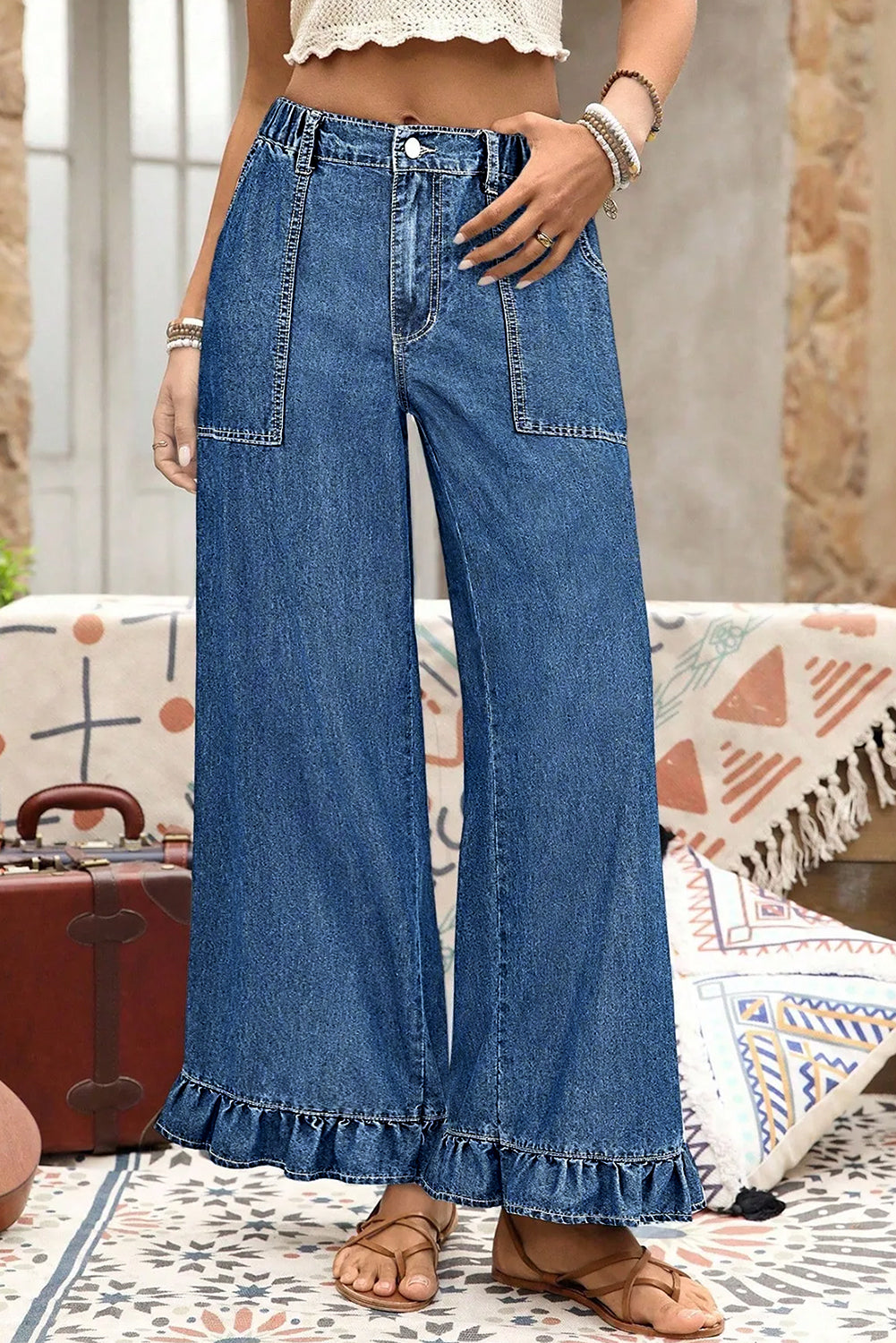 Sail Blue Plus Size Elastic Waist Ruffled Wide Leg Denim Pants-Plus Size/Plus Size Bottoms-[Adult]-[Female]-Sail Blue-L-2022 Online Blue Zone Planet