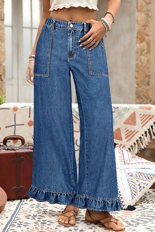 Sail Blue Plus Size Elastic Waist Ruffled Wide Leg Denim Pants-Plus Size/Plus Size Bottoms-[Adult]-[Female]-Sail Blue-L-2022 Online Blue Zone Planet