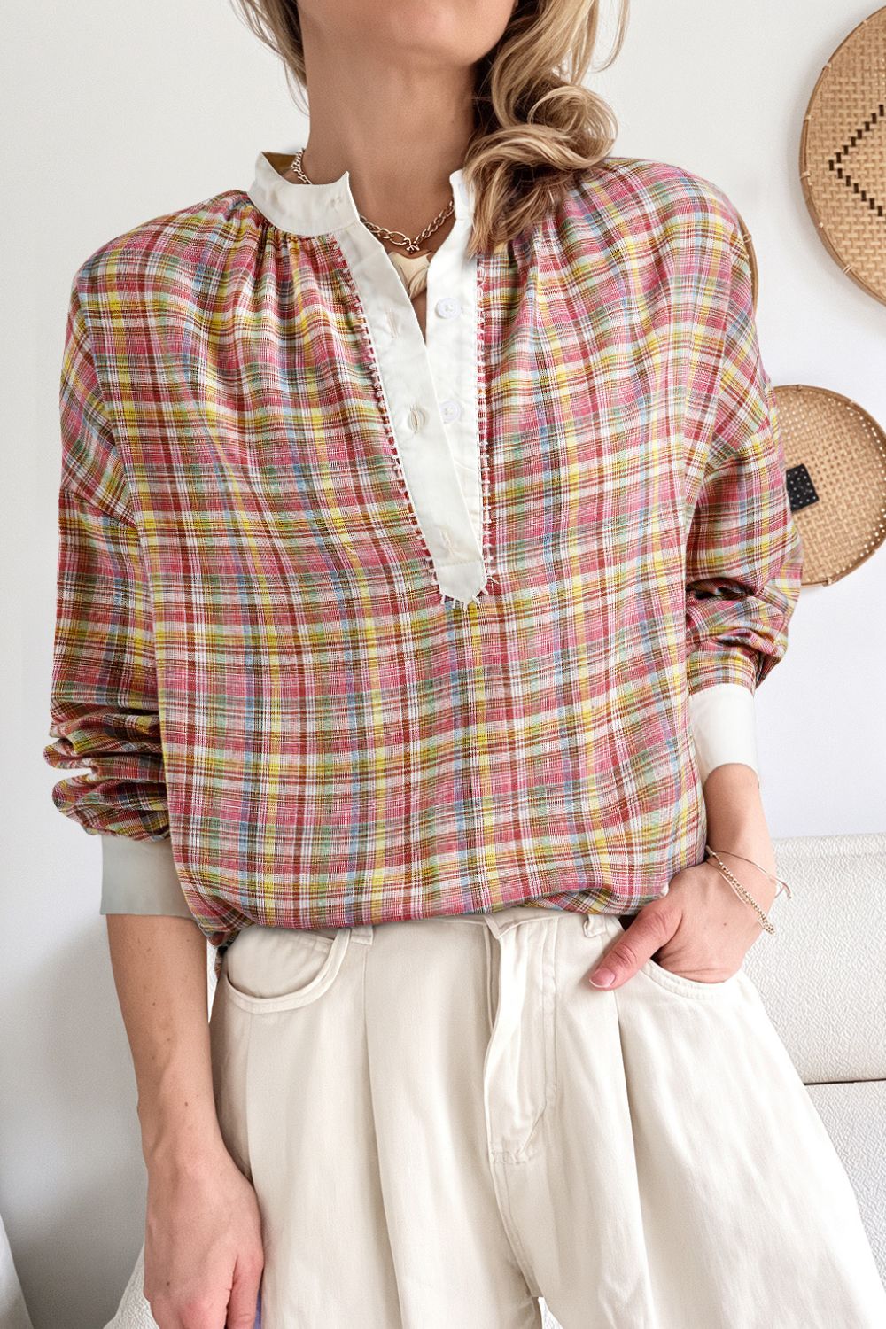 Mulit-Color Plaid Round Neck Long Sleeve Blouse-TOPS / DRESSES-[Adult]-[Female]-Dusty Pink-S-2022 Online Blue Zone Planet
