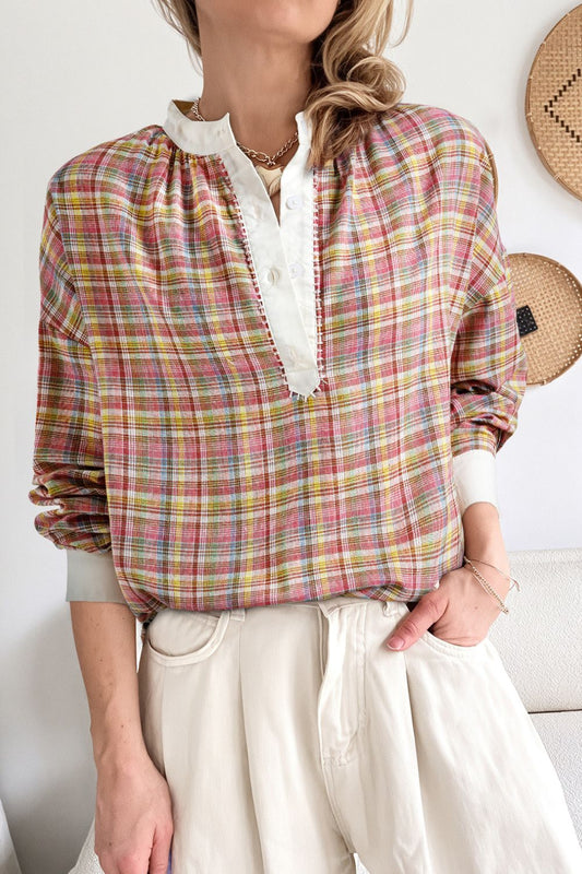 Mulit-Color Plaid Round Neck Long Sleeve Blouse-TOPS / DRESSES-[Adult]-[Female]-Dusty Pink-S-2022 Online Blue Zone Planet
