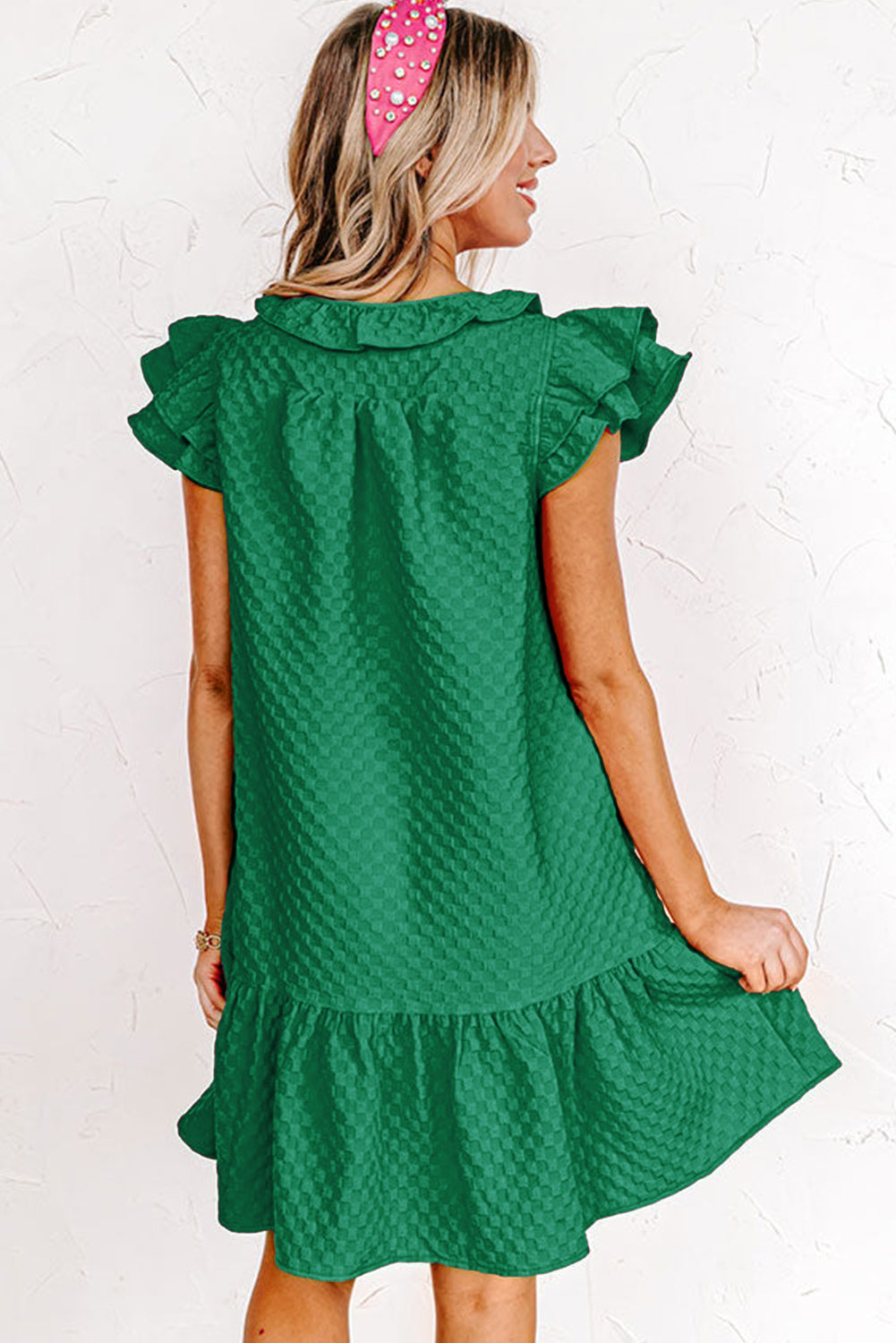 Blackish Green Flutter Sleeve Ruffled Textured Shift Dress Blue Zone Planet