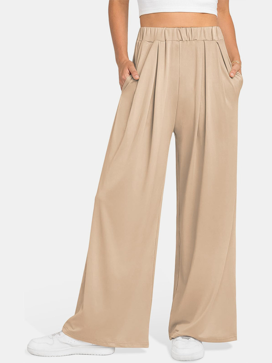 Elastic Waist Wide Leg Pants-BOTTOMS SIZES SMALL MEDIUM LARGE-[Adult]-[Female]-2022 Online Blue Zone Planet