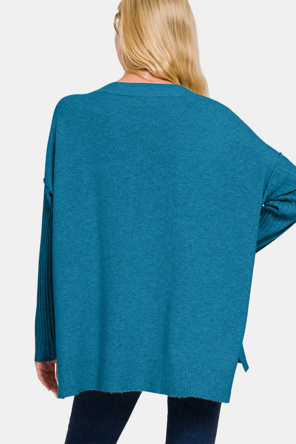 Zenana V-Neck Side Slit High-Low Sweater-TOPS / DRESSES-[Adult]-[Female]-2022 Online Blue Zone Planet