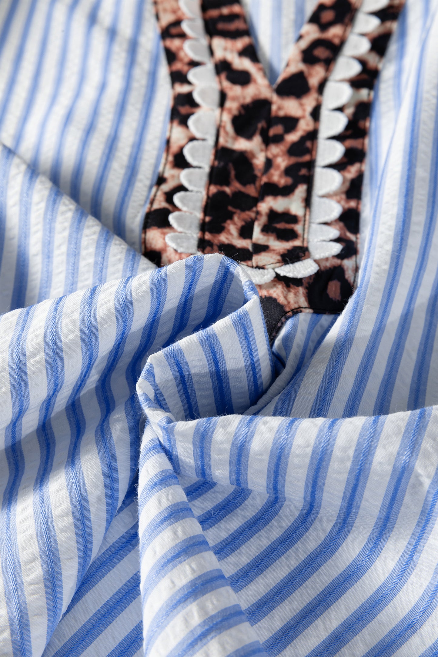 Sky Blue Stripe Ricrac Trim Short Puff Sleeve Leopard Patchwork Collar V Neck Blouse-Tops/Blouses & Shirts-[Adult]-[Female]-2022 Online Blue Zone Planet