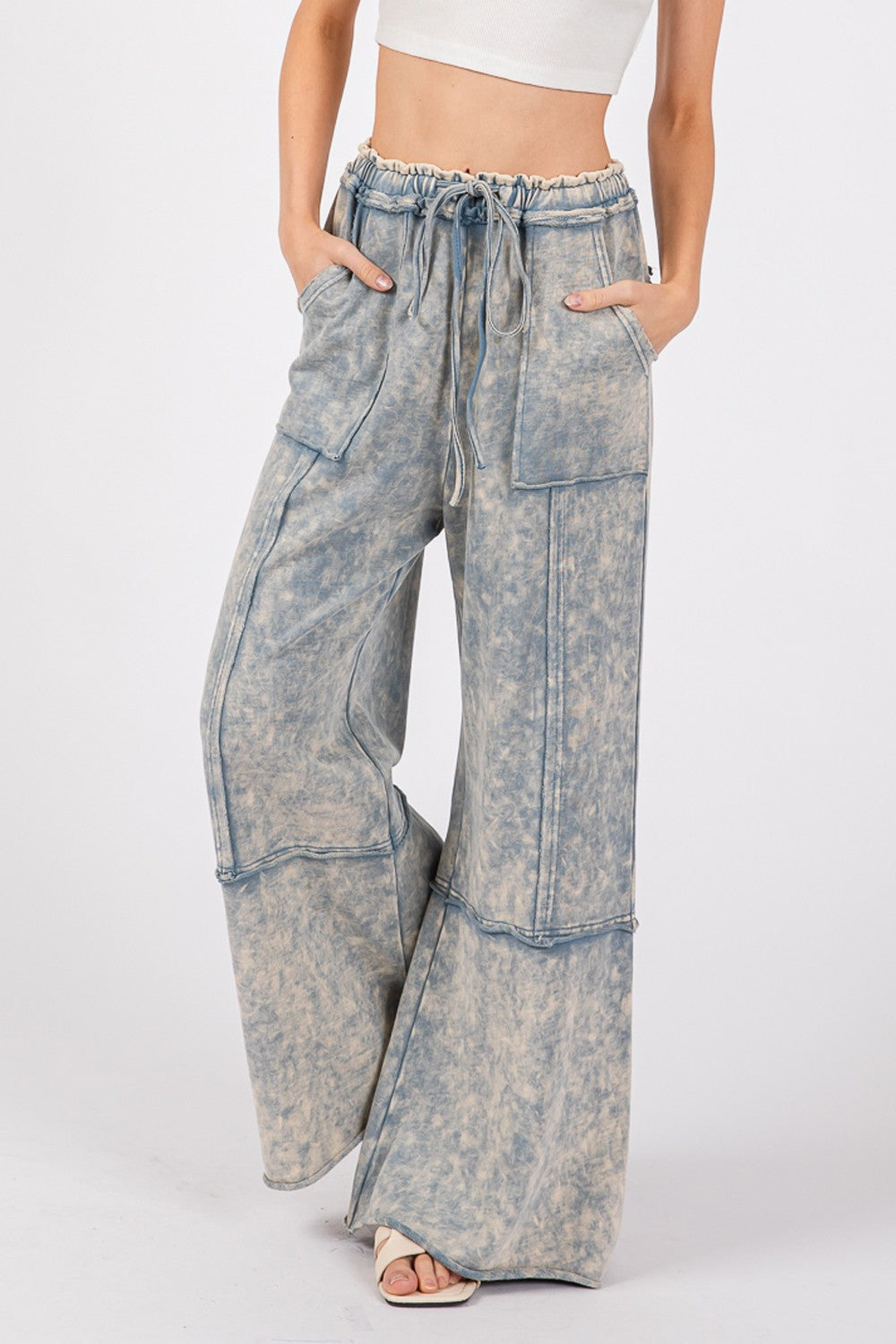 Blue Zone Planet | SAGE + FIG Mineral Washed Terry Wide Leg Pants-TOPS / DRESSES-[Adult]-[Female]-2022 Online Blue Zone Planet