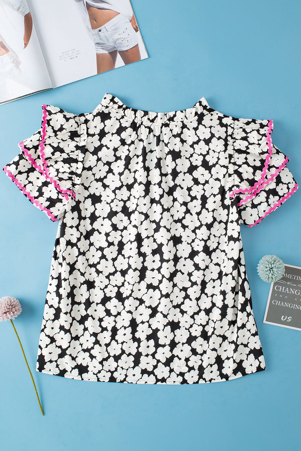 Black Floral Contrast Ric Rac Layered Ruffle Sleeve Blouse-Tops/Blouses & Shirts-[Adult]-[Female]-2022 Online Blue Zone Planet