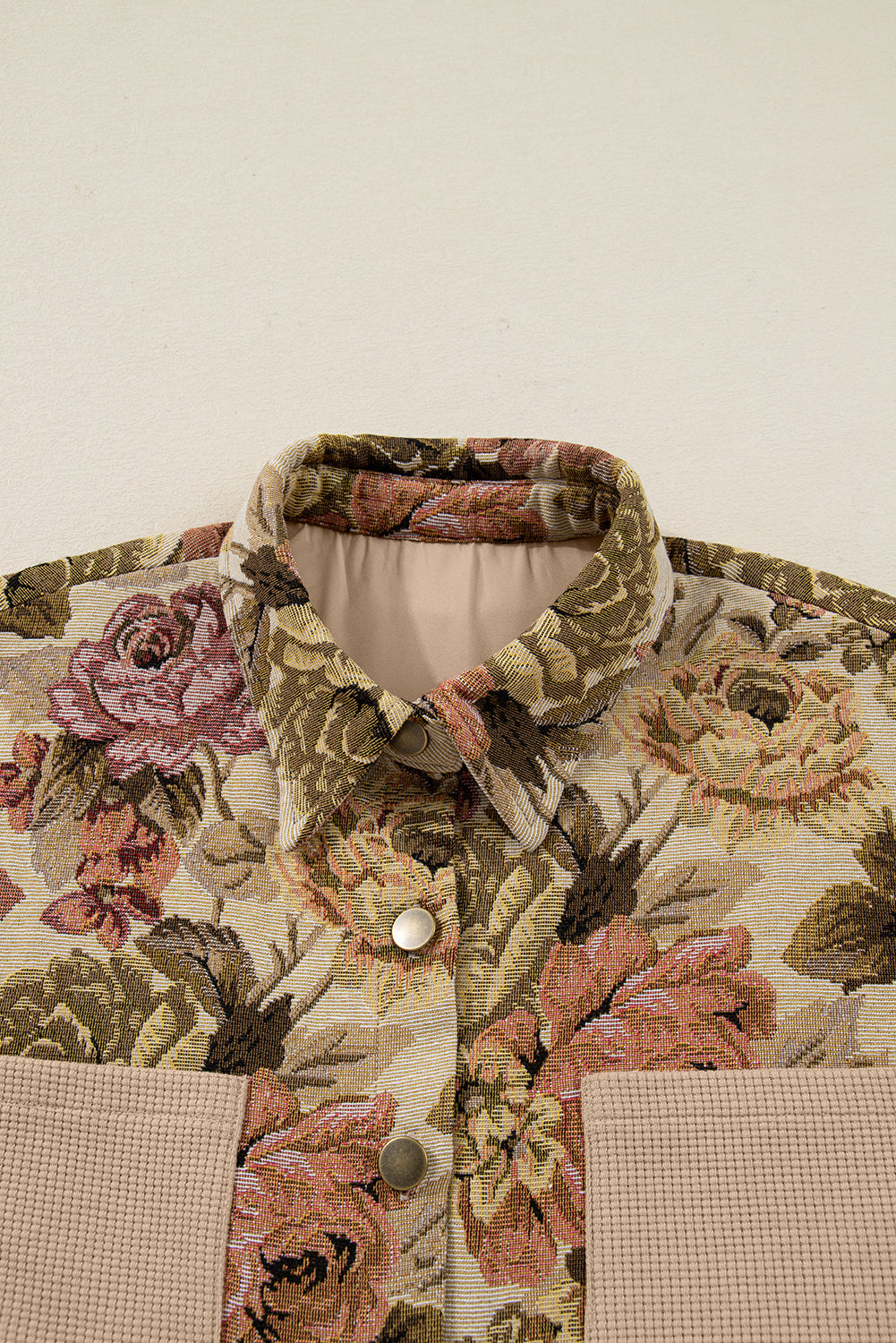 Khaki Floral Waffle Knit Patchwork Chest Pockets Buttoned Jacket-Outerwear/Jackets-[Adult]-[Female]-2022 Online Blue Zone Planet