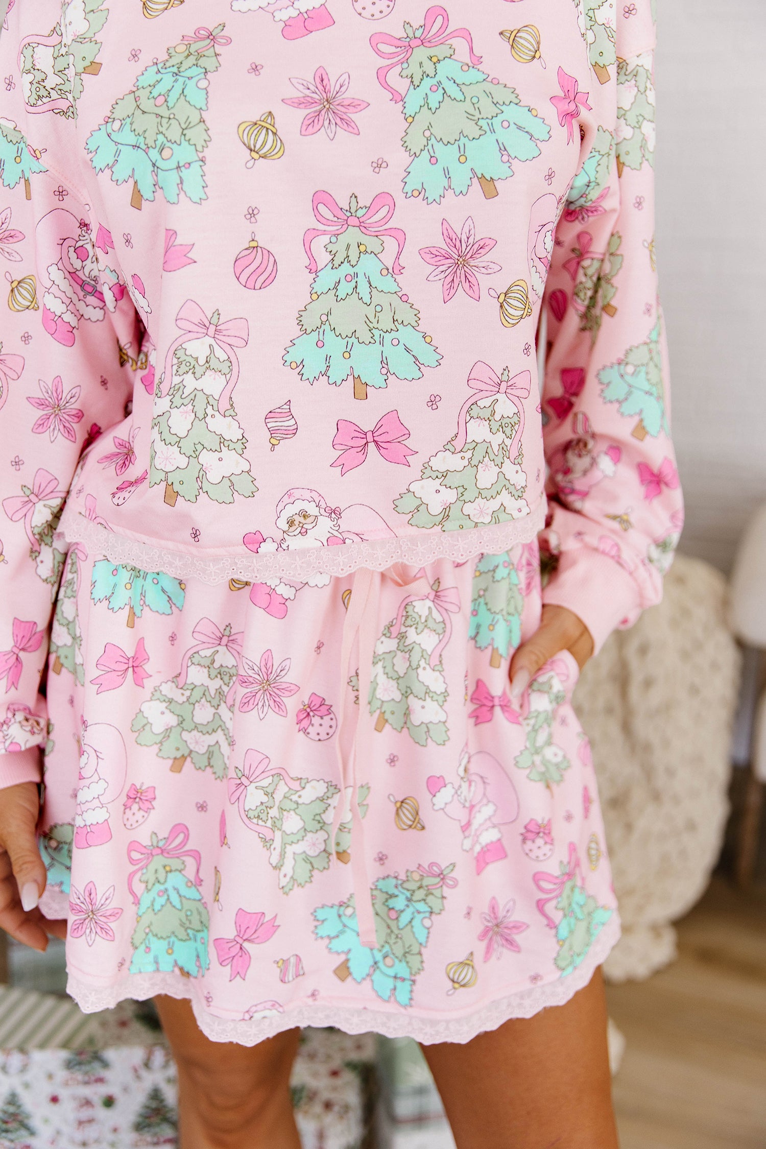 Pink Floral Print Lace Trim Long Sleeve Skirt Set-Two Piece Sets/Two Piece Dresses-[Adult]-[Female]-2022 Online Blue Zone Planet