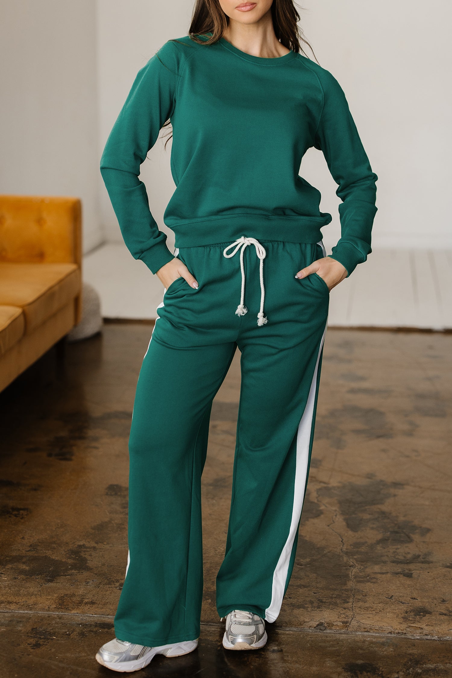 Sea Green Solid Color Pullover Top Varsity Stripe Detail Loose Drawstring Pants Set-Two Piece Sets/Pant Sets-[Adult]-[Female]-2022 Online Blue Zone Planet