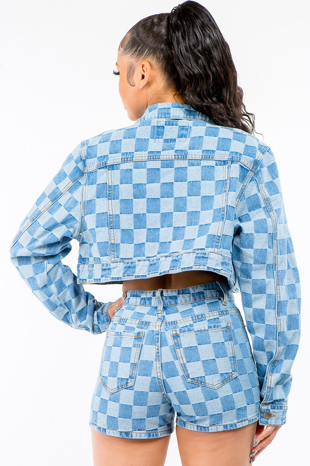 American Bazi Checkered Long Sleeve Cropped Denim Jacket-TOPS / DRESSES-[Adult]-[Female]-2022 Online Blue Zone Planet