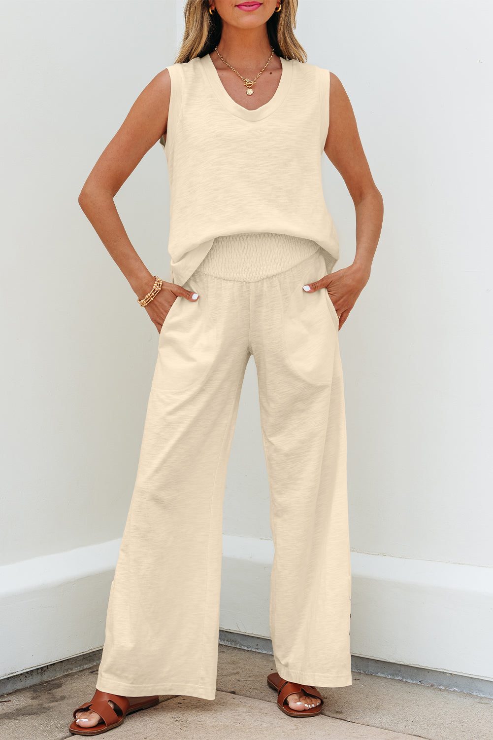 Beige Solid Color Tank Top and Smocked Waist Pants Set-Two Piece Sets/Pant Sets-[Adult]-[Female]-2022 Online Blue Zone Planet
