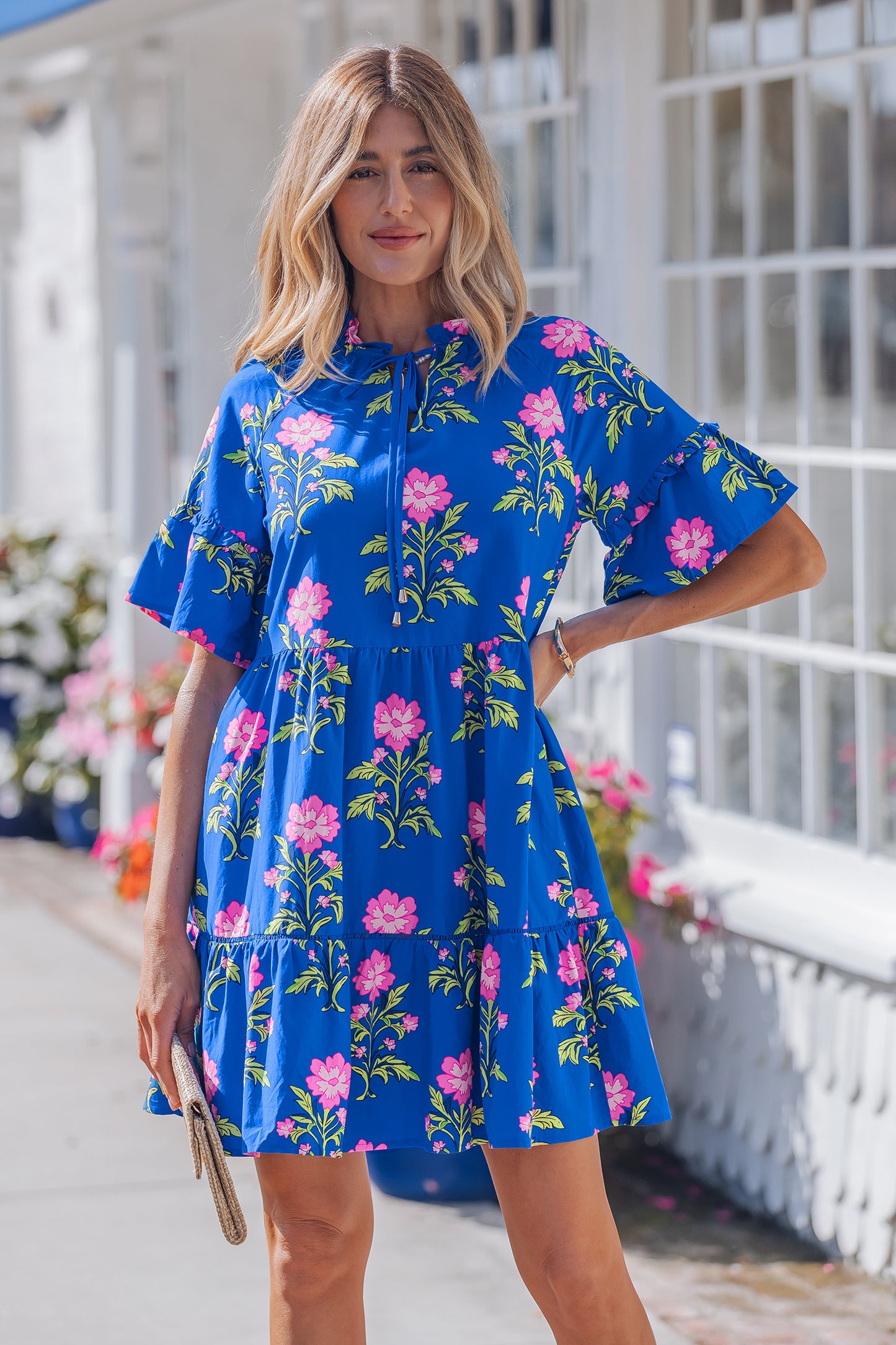 Blue V Neck Short Sleeve Loose Flower Dress-TOPS / DRESSES-[Adult]-[Female]-2022 Online Blue Zone Planet