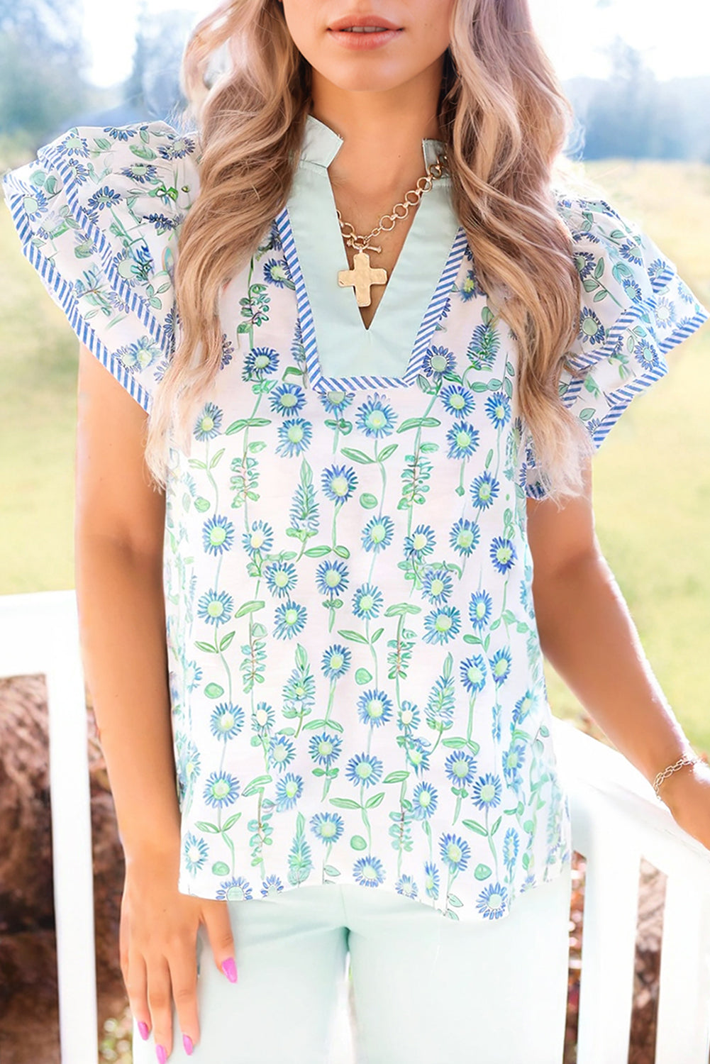 Green Floral Print Striped Detail Contrast V Neck Patchwork Flutter Sleeve Blouse-Tops/Blouses & Shirts-[Adult]-[Female]-2022 Online Blue Zone Planet