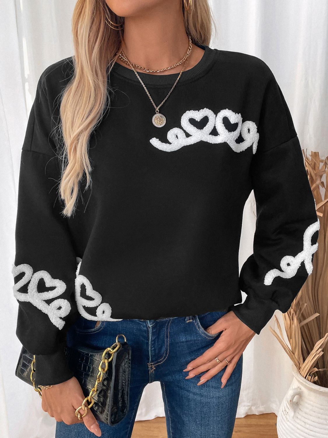 Perfee Heart Round Neck Long Sleeve Sweater-TOPS / DRESSES-[Adult]-[Female]-2022 Online Blue Zone Planet