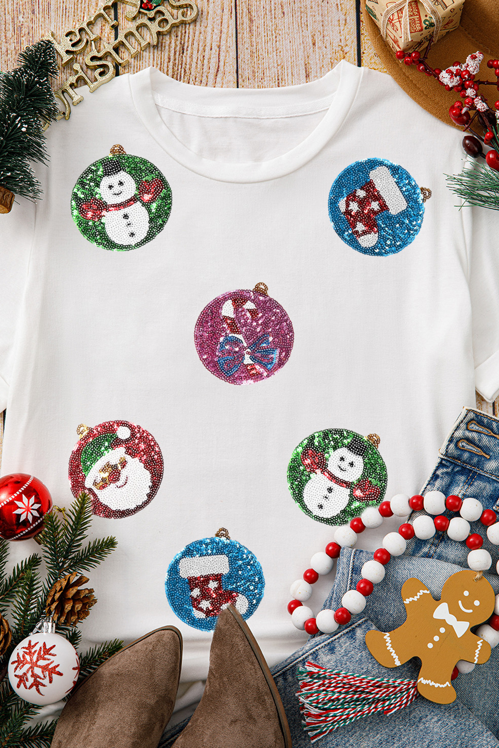 White Sequin Patterned Christmas Light Patch Round Neck Tee-Graphic Tees-[Adult]-[Female]-2022 Online Blue Zone Planet