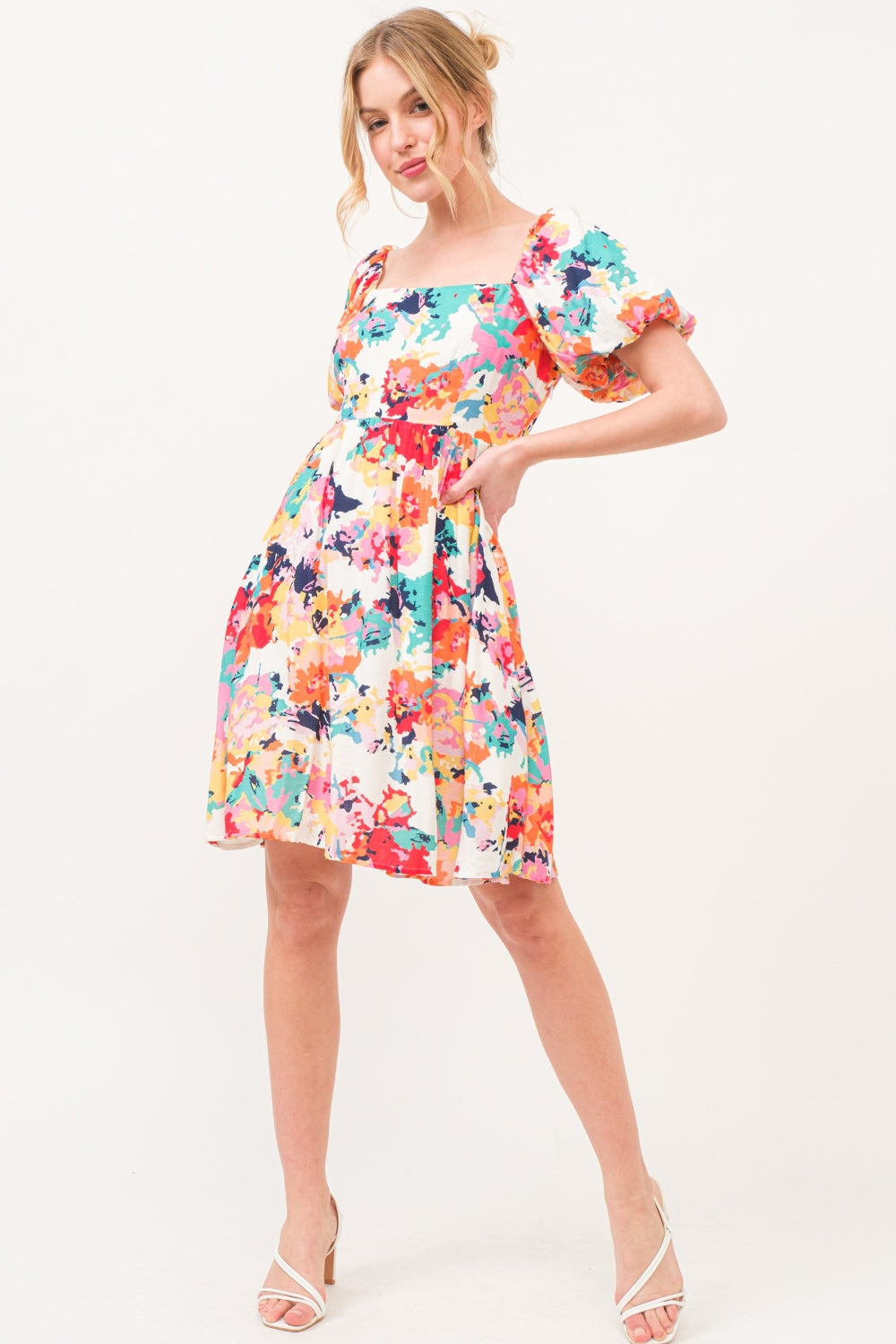 And The Why Square Neck Puff Sleeve Floral Dress-TOPS / DRESSES-[Adult]-[Female]-2022 Online Blue Zone Planet
