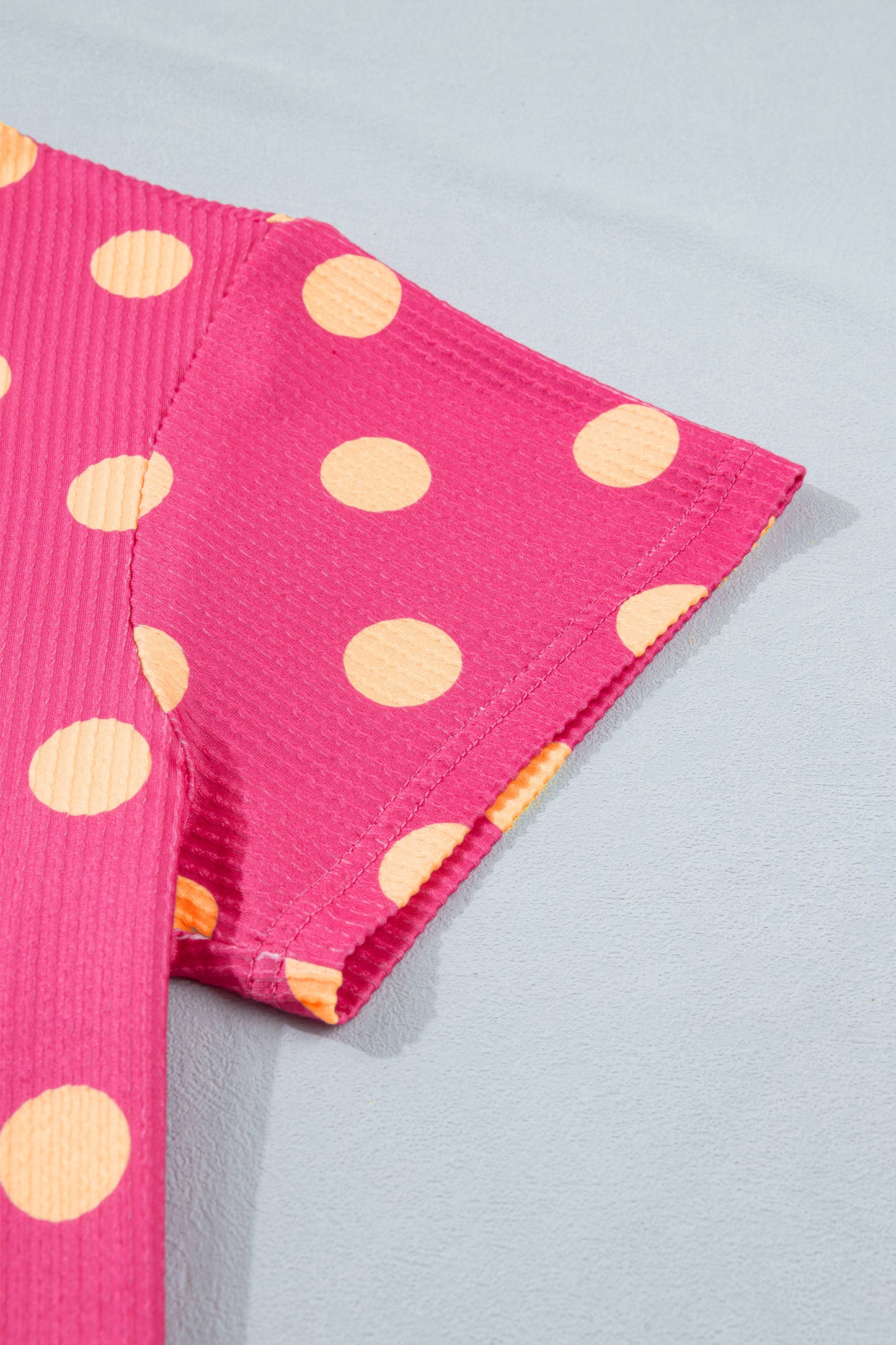 Pink Polka Dot Round Neck Drop Shoulder Patch Pocket Jacquard Texture Top-Tops/Tops & Tees-[Adult]-[Female]-2022 Online Blue Zone Planet