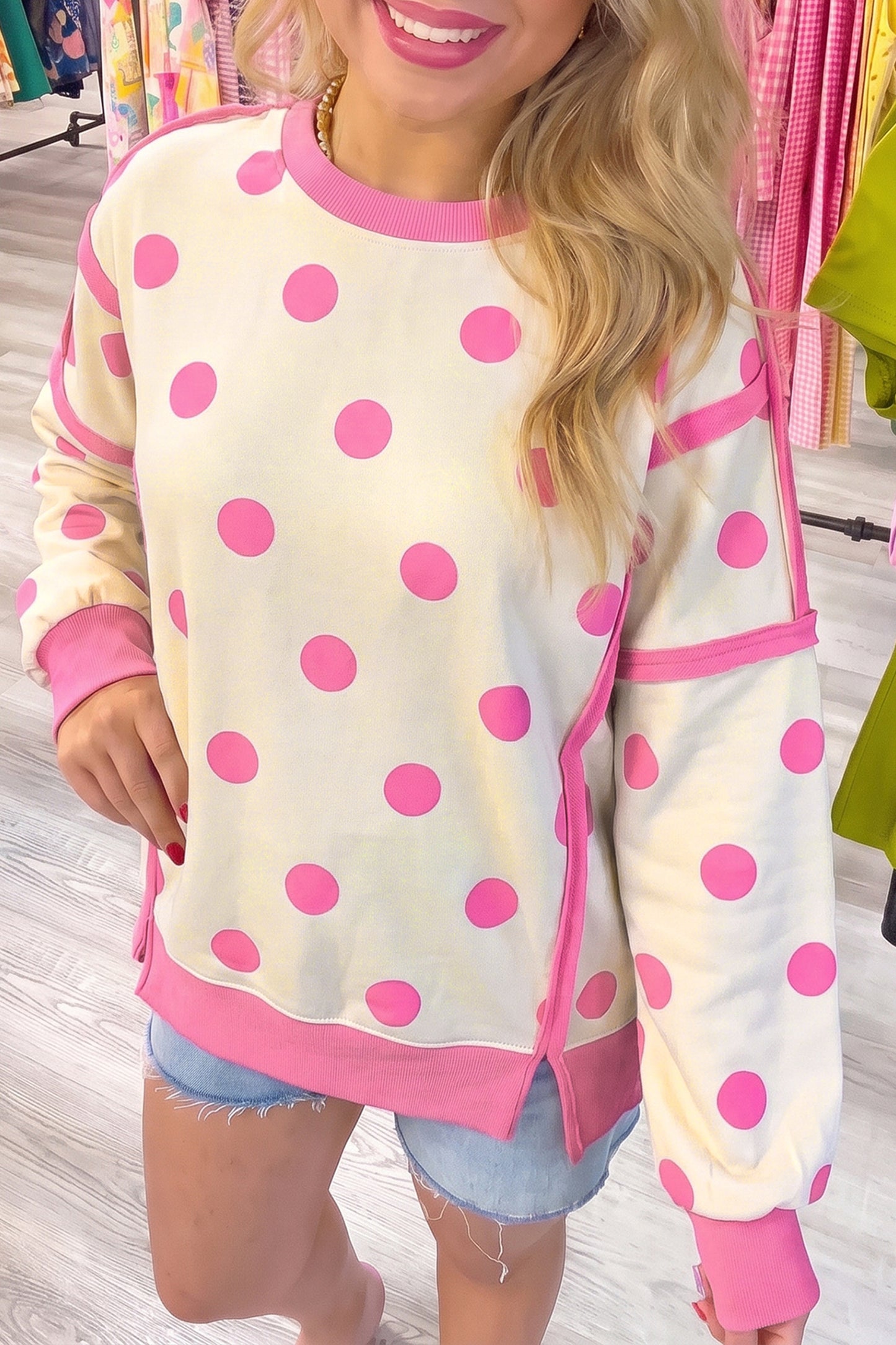 White Polka Dot Contrast Patchwork Round Neck Baggy Sweatshirt-Tops/Sweatshirts & Hoodies-[Adult]-[Female]-Yellow-S-2022 Online Blue Zone Planet