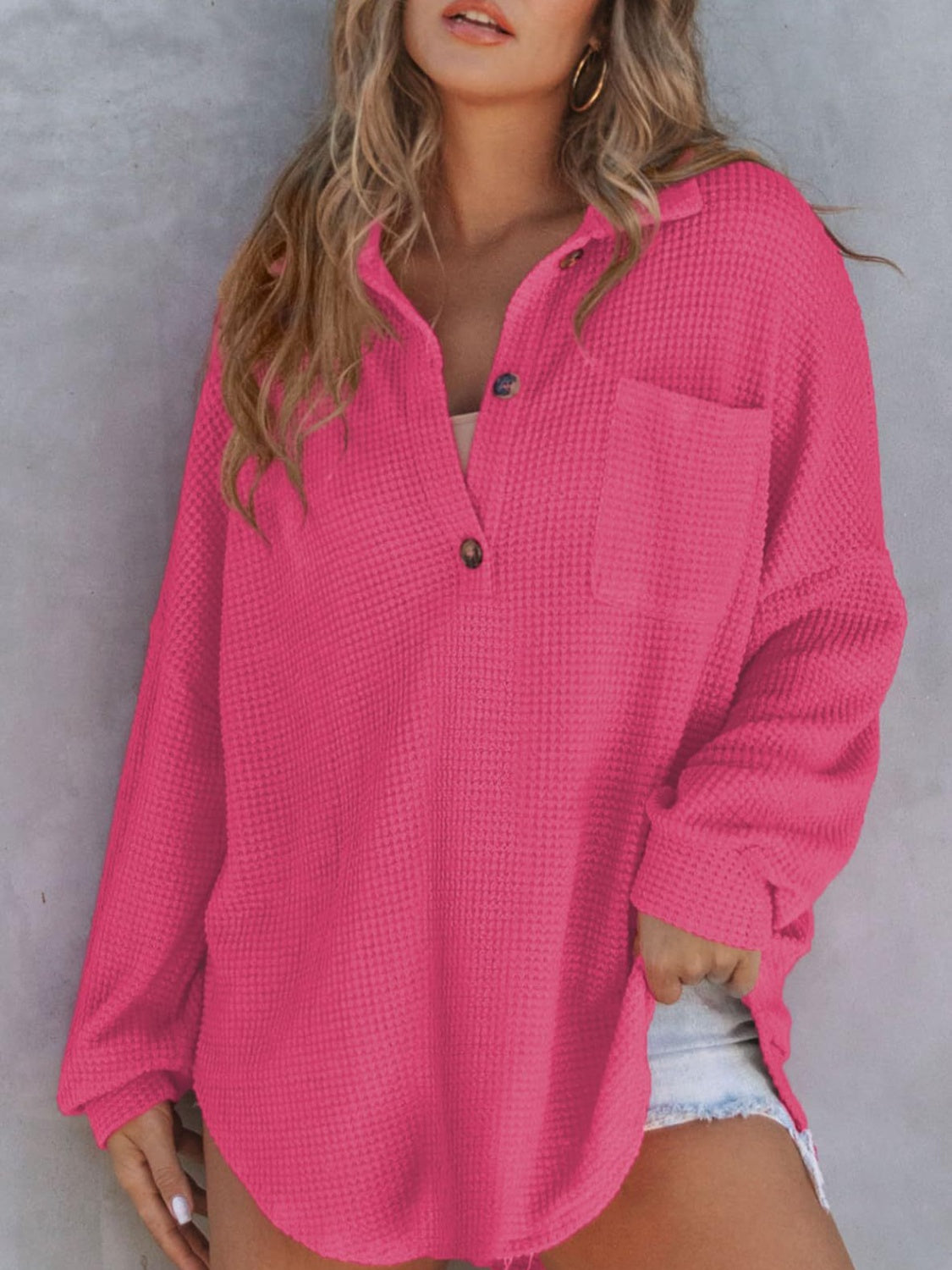 Blue Zone Planet | Waffle-Knit Dropped Shoulder Long Sleeve Sweatshirt-TOPS / DRESSES-[Adult]-[Female]-Deep Rose-S-2022 Online Blue Zone Planet