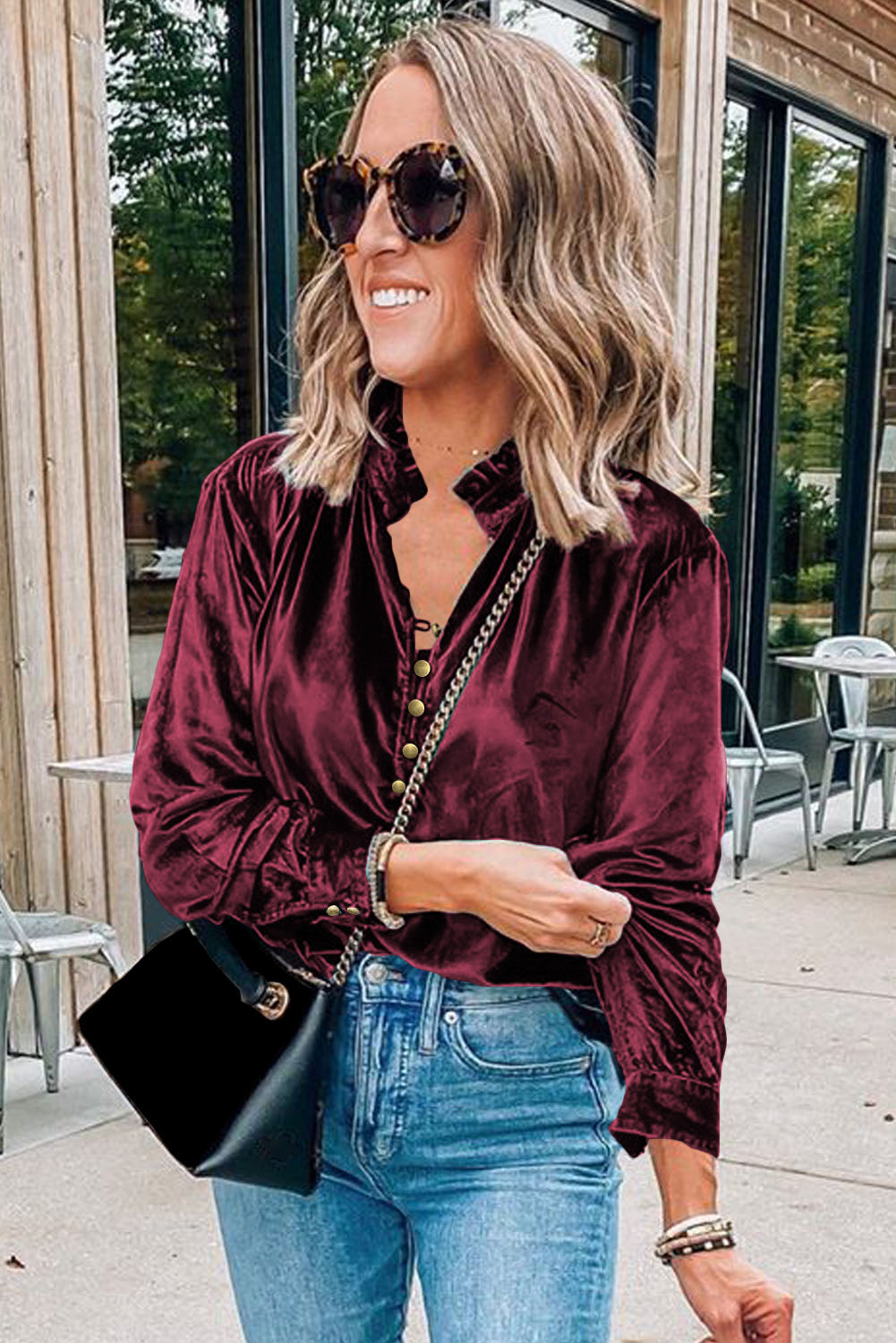 Burgundy Frilled Neck Buttoned Front Velvet Top-Tops/Blouses & Shirts-[Adult]-[Female]-2022 Online Blue Zone Planet