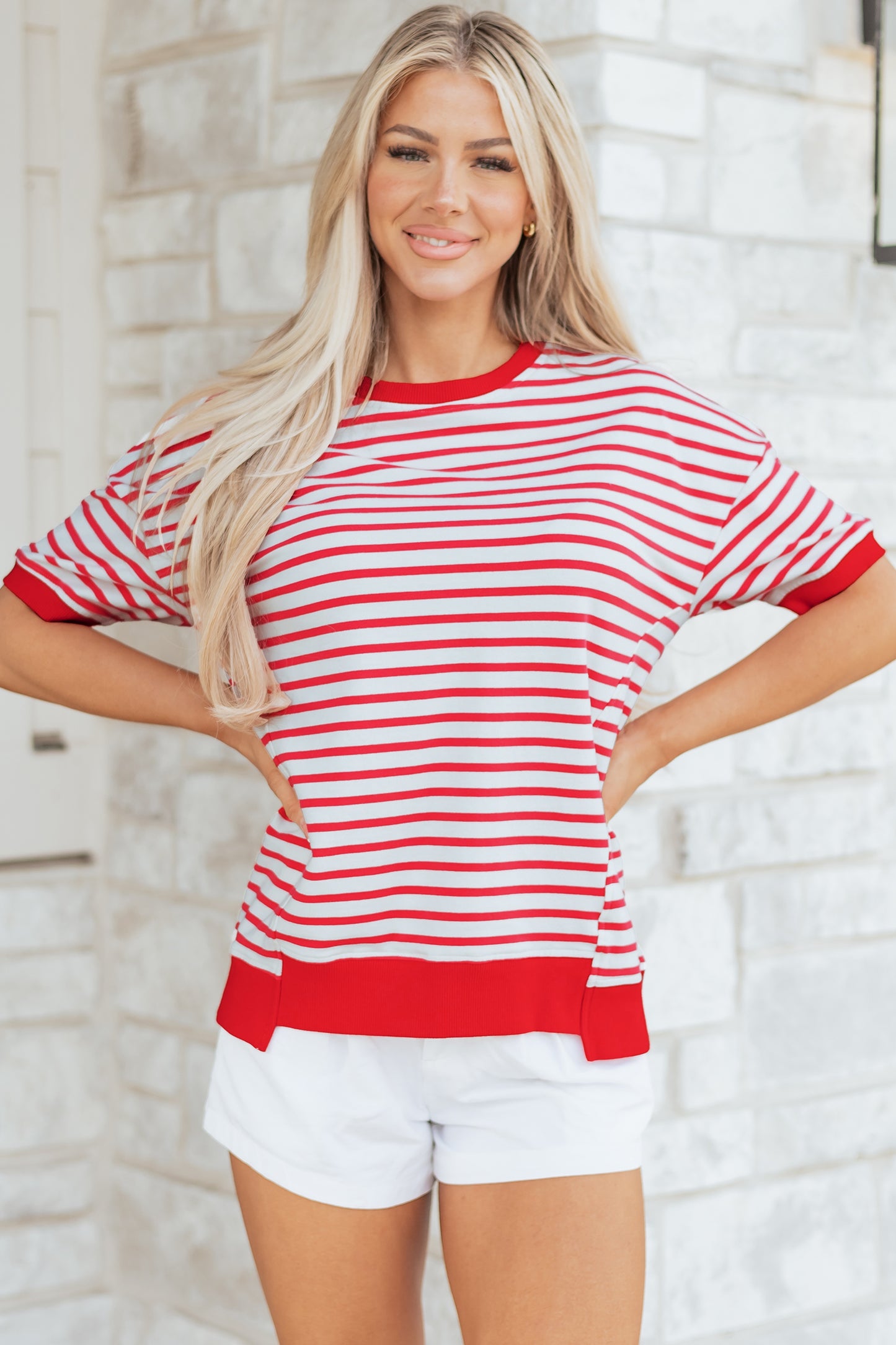 Red Stripe Drop Shoulder Half Sleeve T Shirt-Tops/Tops & Tees-[Adult]-[Female]-2022 Online Blue Zone Planet