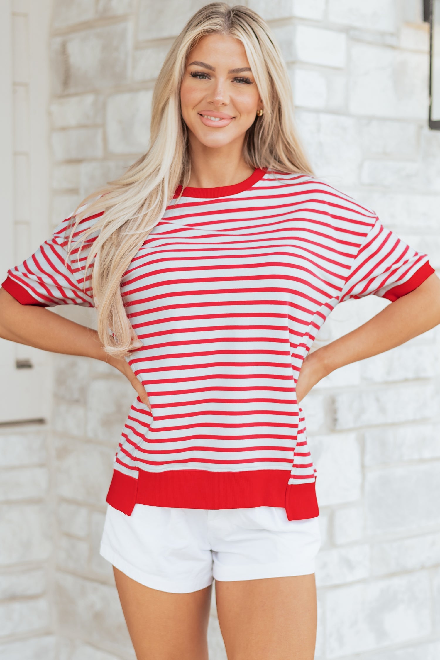 Red Stripe Drop Shoulder Half Sleeve T Shirt-Tops/Tops & Tees-[Adult]-[Female]-2022 Online Blue Zone Planet