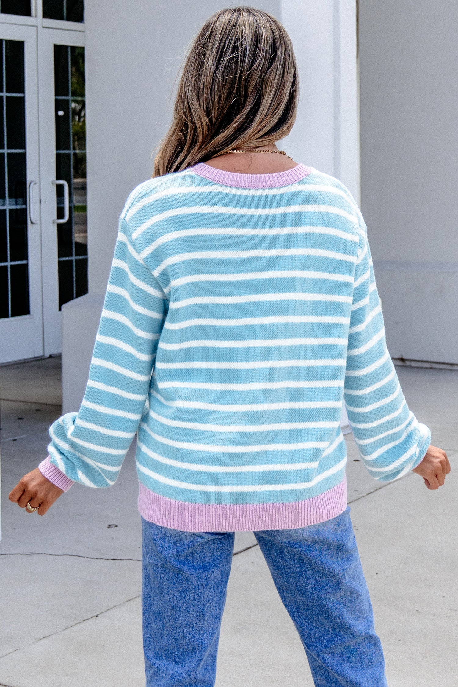 Sky Blue Stripe Contrast Trim Button Down Casual Sweater Cardigan-TOPS / DRESSES-[Adult]-[Female]-2022 Online Blue Zone Planet