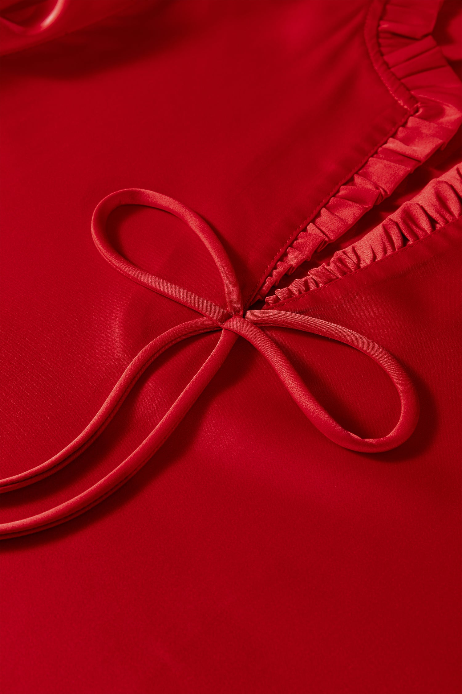 Fiery Red Solid Color Frilled V Neck Bow Detail 3/4 Sleeve Blouse-Tops/Blouses & Shirts-[Adult]-[Female]-2022 Online Blue Zone Planet