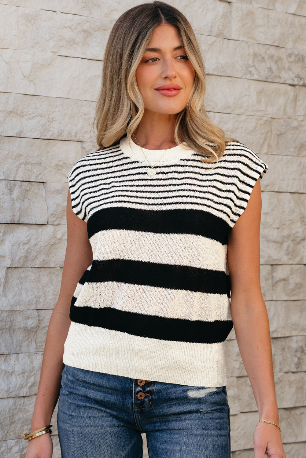 Black white Striped O Neck Sweater Vest-Sweaters & Cardigans/Sweater Vests-[Adult]-[Female]-2022 Online Blue Zone Planet