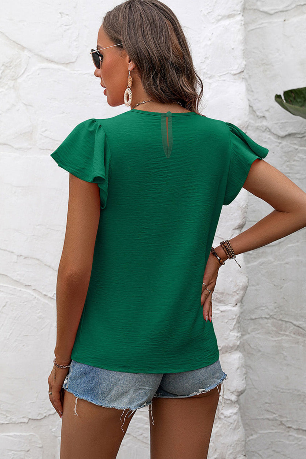 Blackish Green Flounce Sleeve Pleated Textured Blouse-Tops/Blouses & Shirts-[Adult]-[Female]-2022 Online Blue Zone Planet