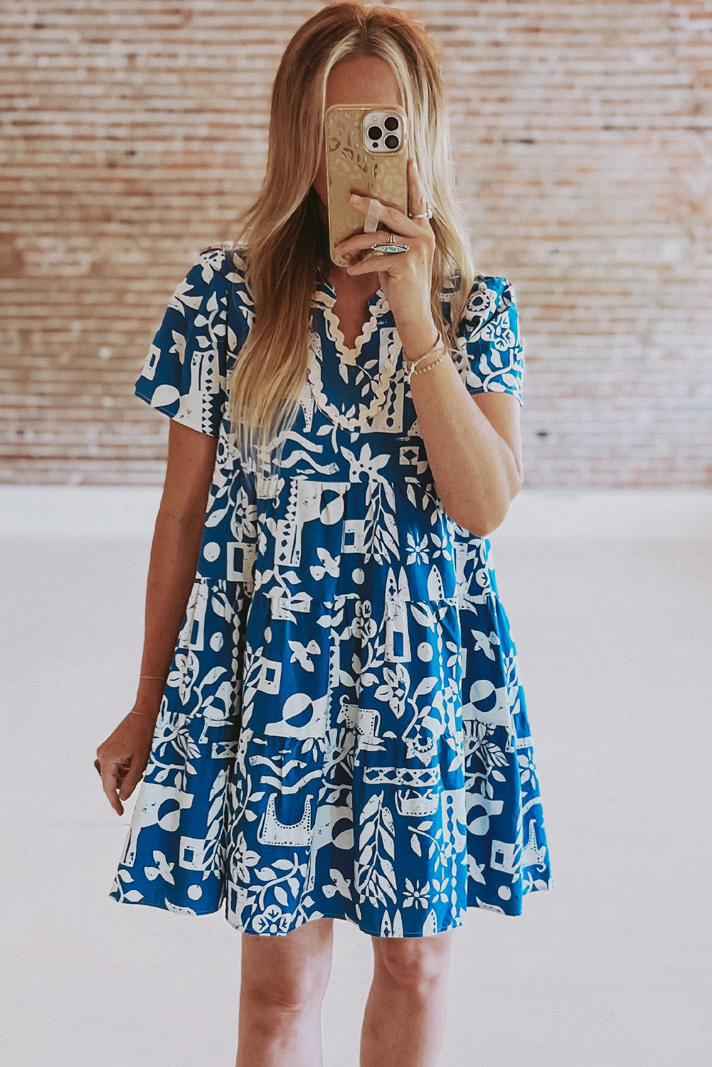 Blue Ricrac Trim Split Neck Floral Loose Dress Blue Zone Planet